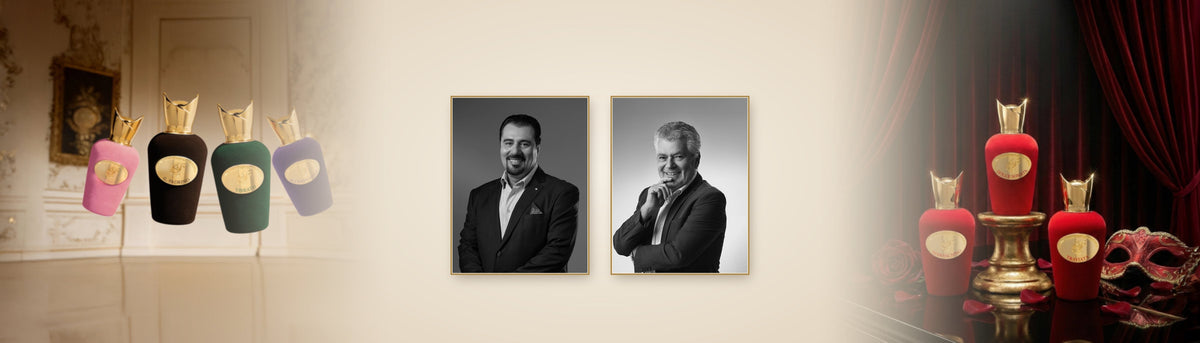 Porträts von Salah Alzarooni und Christian Provenzano zwischen Sospiro-Flakons in einem barocken Saal und auf einer roten Theaterbühne