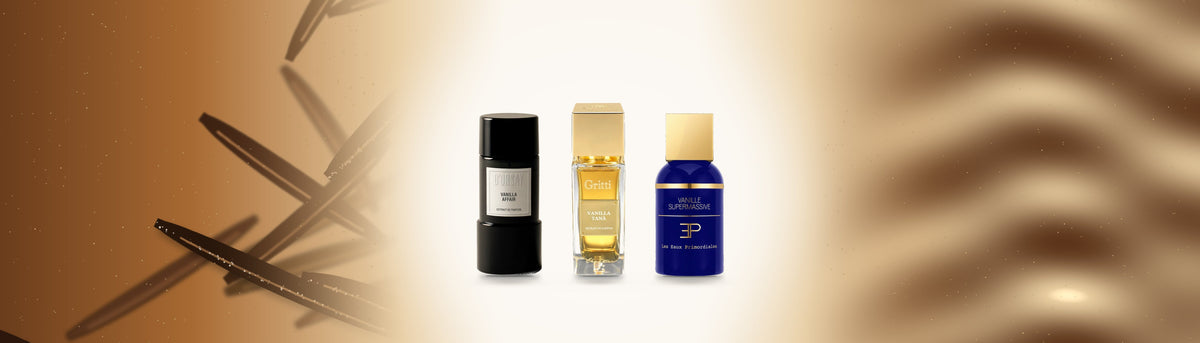 Vanilla Affair von D'Orsay, Vanilla Tana von Gritti und Vanille Supermassive von Les Eaux Primordiales zwischen Vanilleschoten und karamellfarbener Seide