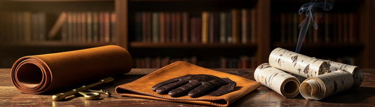 Cognacfarbenes Leder, Birkenrinde und feiner Rauch in einer Bibliothek