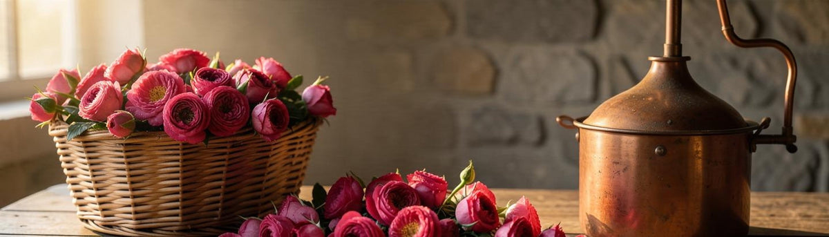 Frisch geerntete Damaszener Rosen vor einer kupfernen Destille