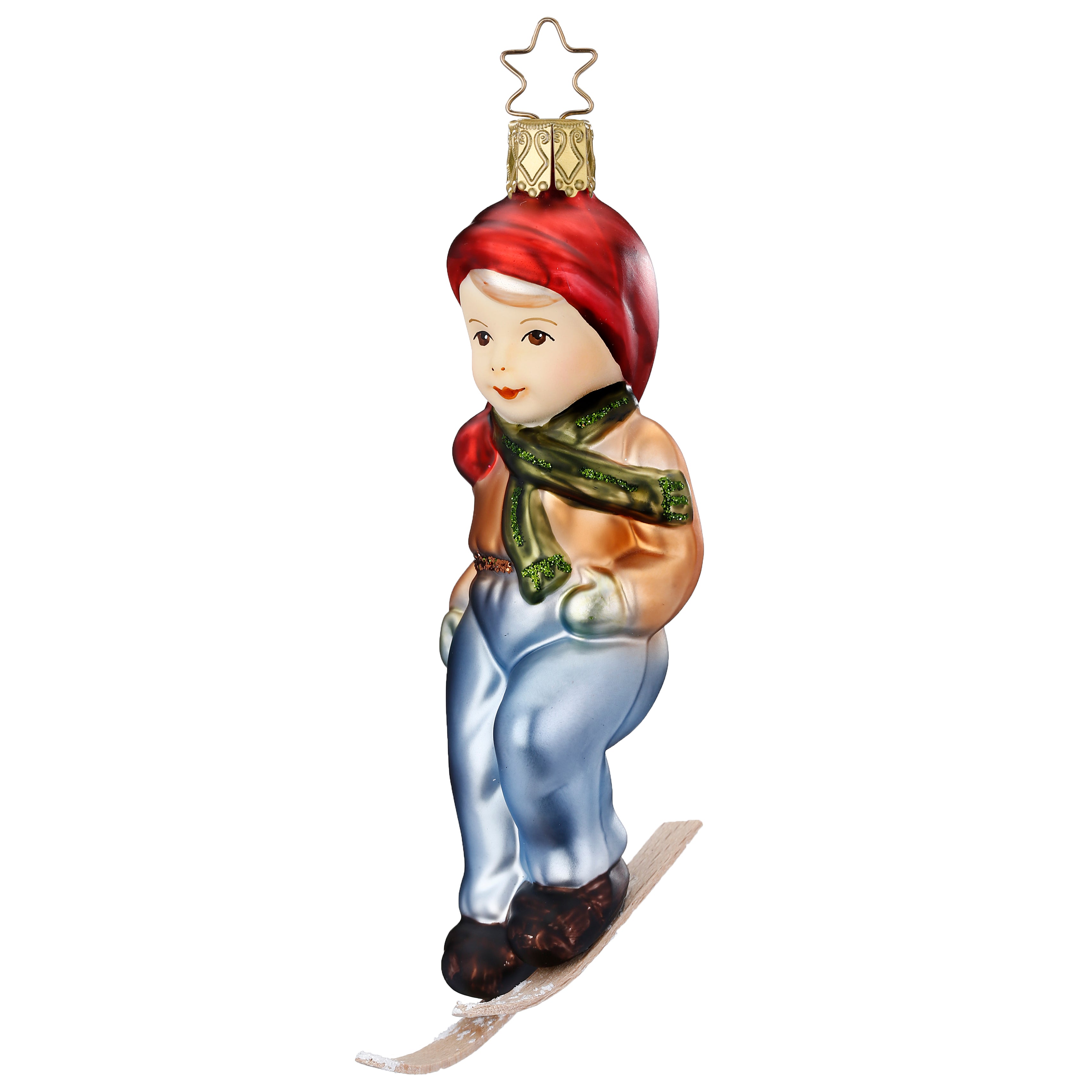 Glaskugel Anhänger Auf ins Tal, 12.5 cm, Kind fährt Ski, 10045S021 von Igne Glas