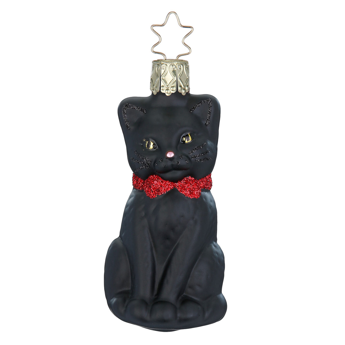 Inge Glas glass ornament sitting black cat with red glitter bow, 8.5 cm