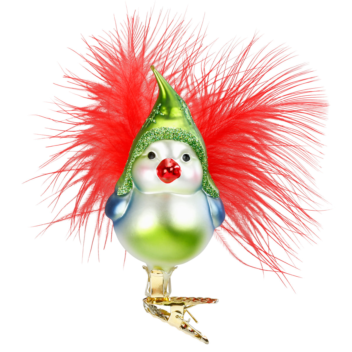 Inge Glas Clip-Vogel Vogel mit grüner Zipfelmütze, roter Nase und roten Federn, 8,5 cm