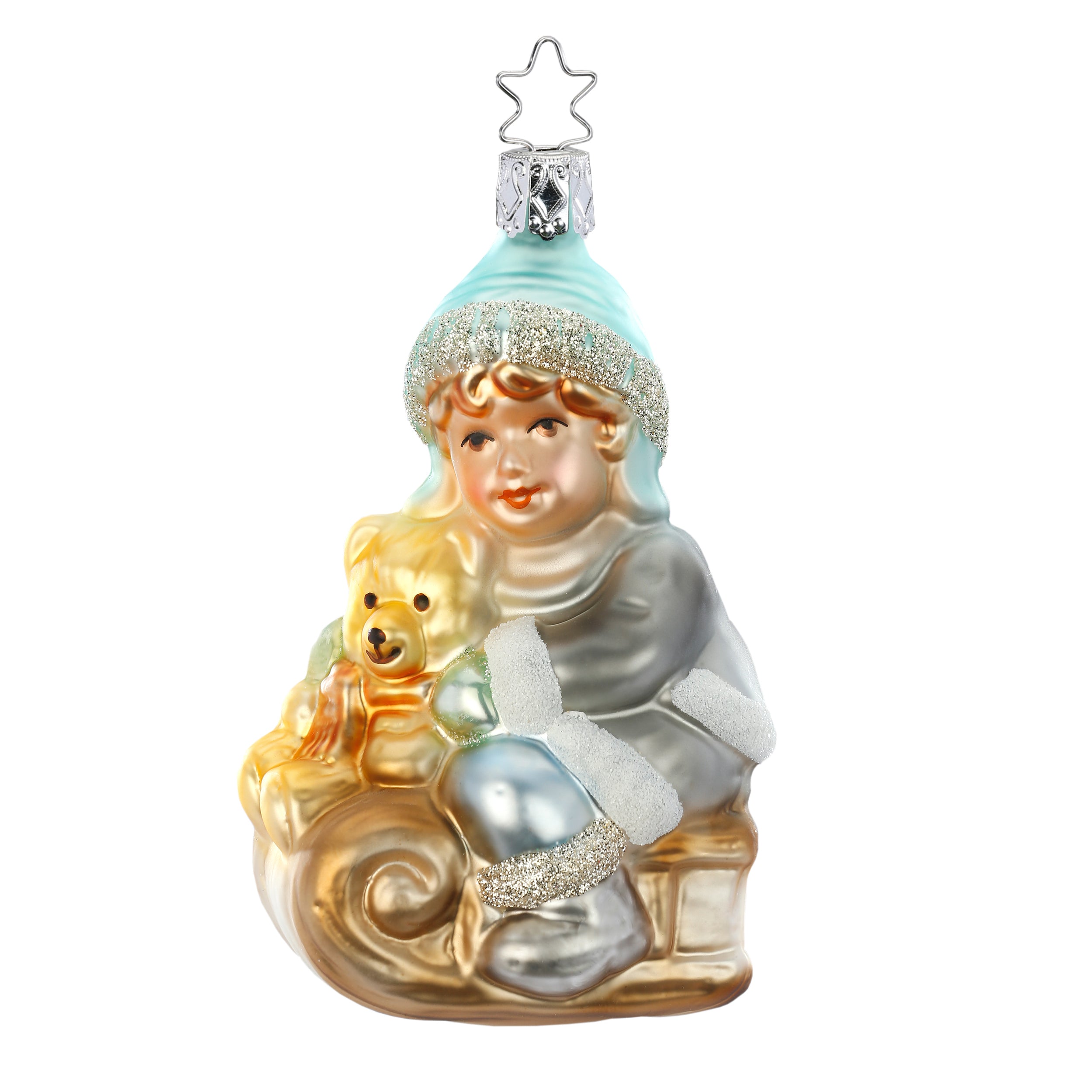 Glass ball pendant Teddy's sleigh ride mint by Inge Glas