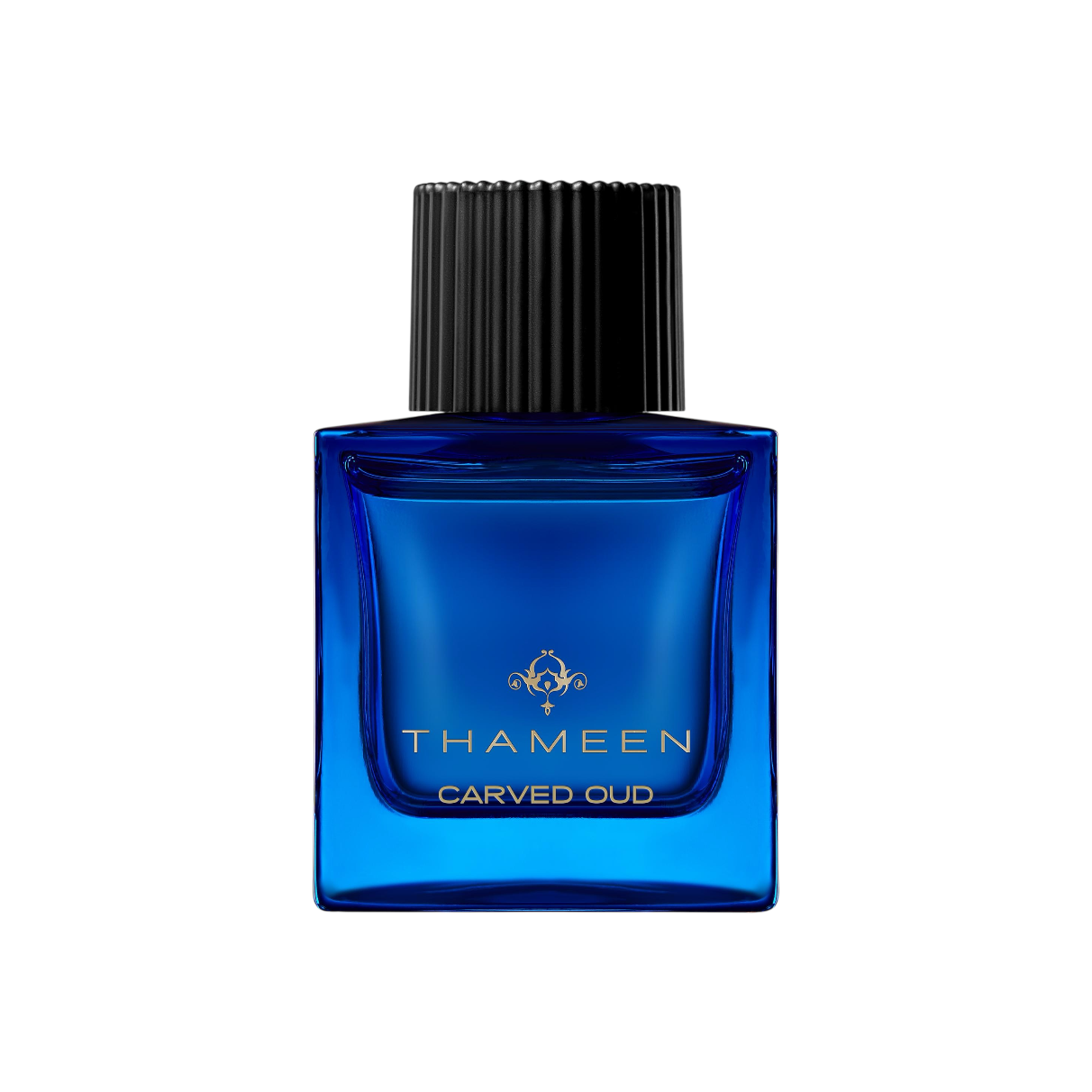 Flakon von Carved Oud – Thameen London: luxuriöser Unisex‑Duft in charakteristischem blauen Glasdesign