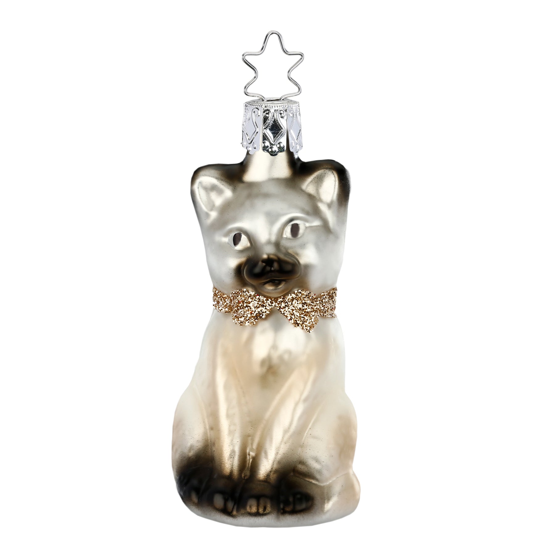 Glaskugel Anhänger Liebes Kätzchen grau beige, Schliefe gold, 8,5cm 10141S020 Inge Glas