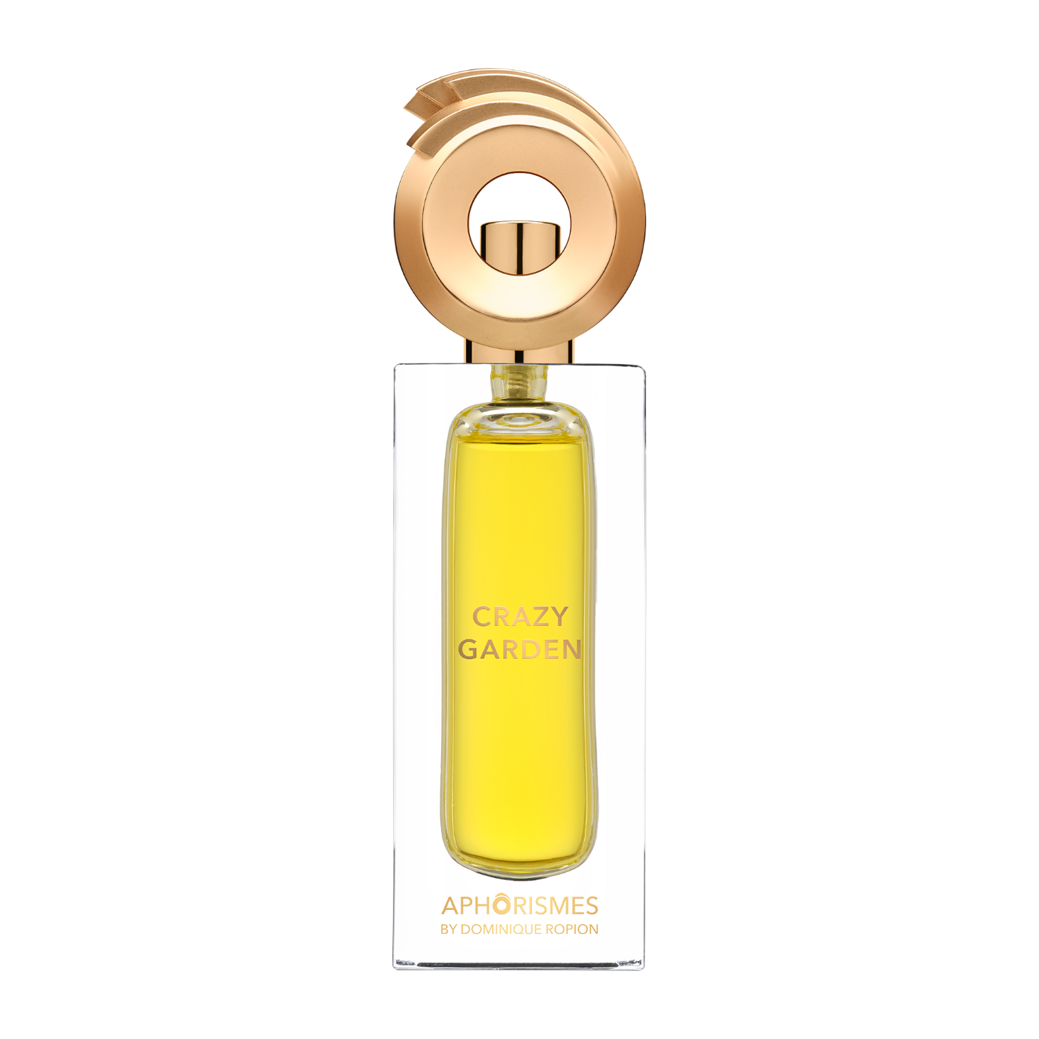 Goldfarbener und transparenter Flakon von Crazy Garden by Aphorismes by Dominique Ropion mit skulpturalem Verschluss und minimalistischem Luxusdesign.