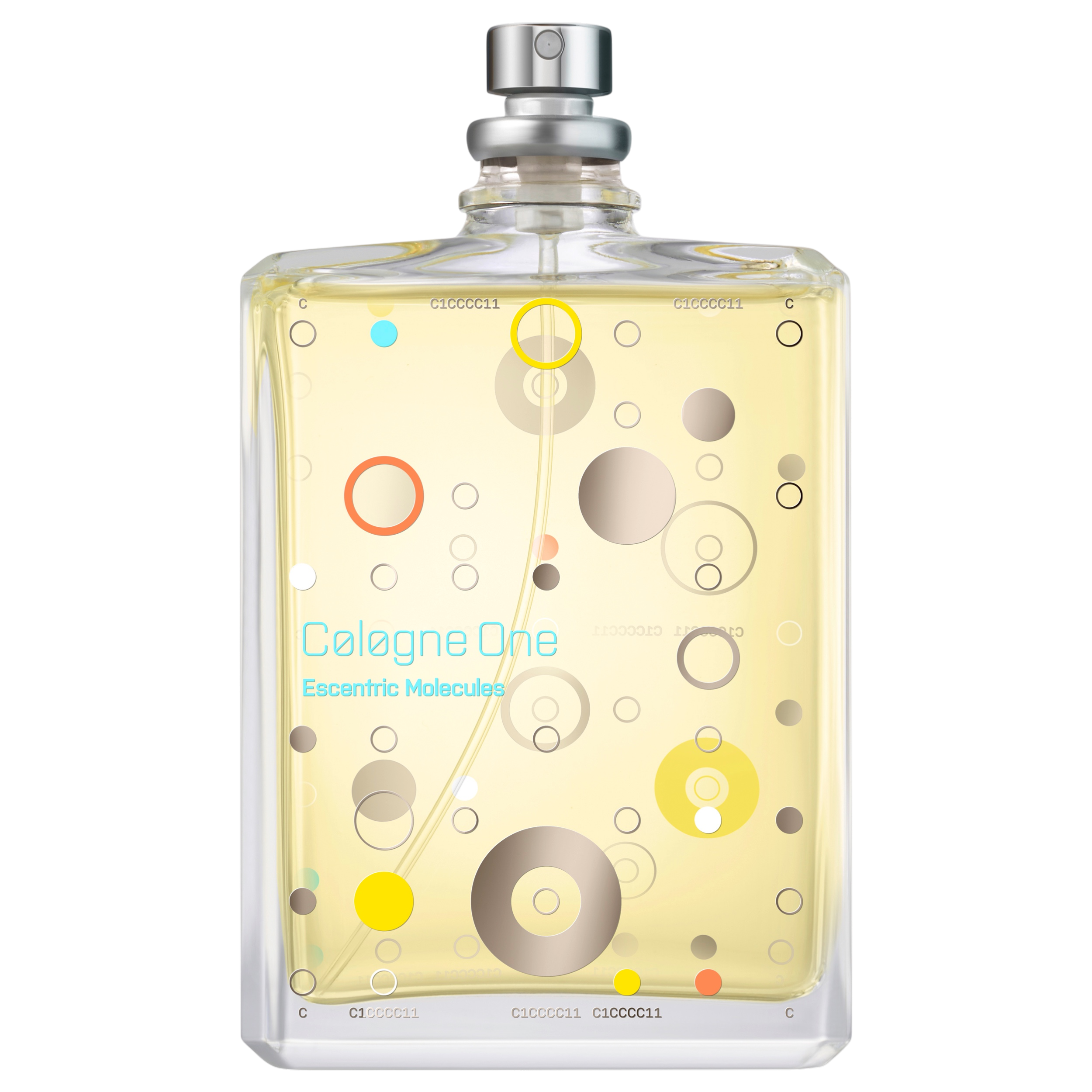 Escentric Molecules Cologne 01 Eau de Toilette im ikonischen transparenten Flakon mit grafischem Punktdesign und silbernem Zerstäuber.
