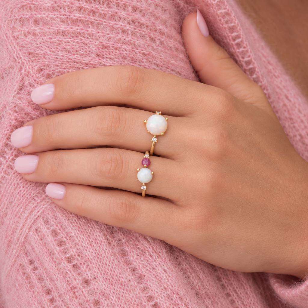 Noën Ring Stellini III with opal in rose gold – lifestyle shot