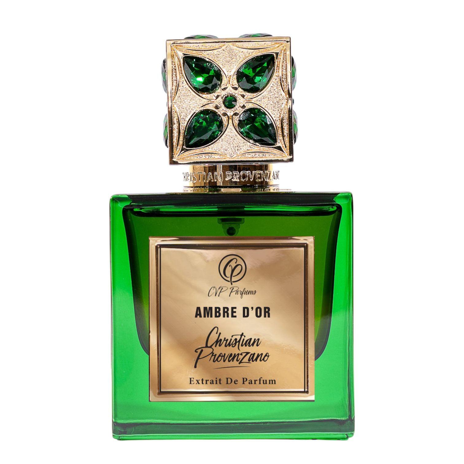 Christian Provenzano Ambre D'Or Extrait de Parfum im smaragdgrünen Glasflakon mit goldfarbener Plakette und kunstvoll verziertem Verschluss mit grünen Schmucksteinen.