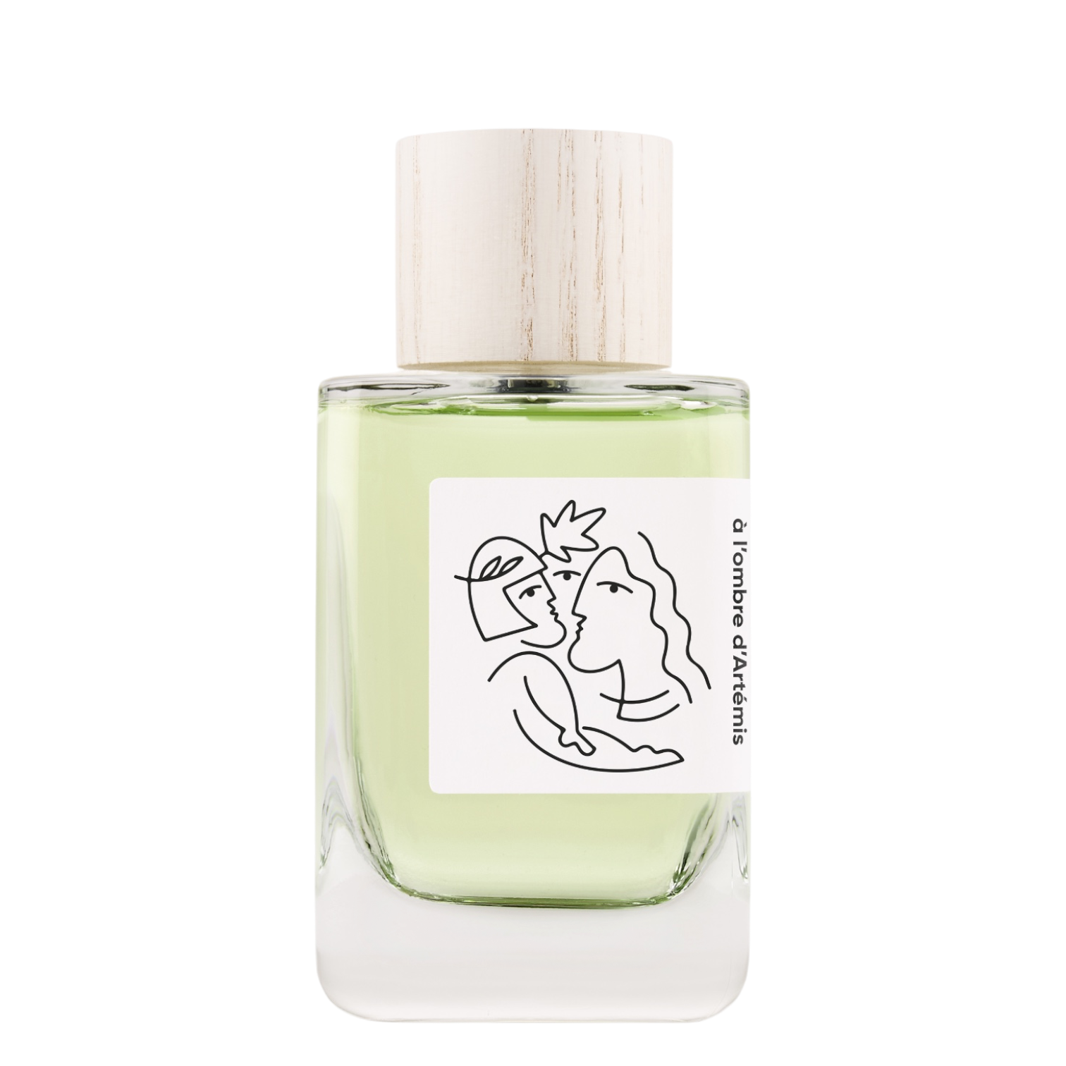 HELLENIST Paris À l'Ombre d'Artémis Eau de Parfum im klaren Glasflakon mit weißem Holzverschluss und künstlerischem Etikett.