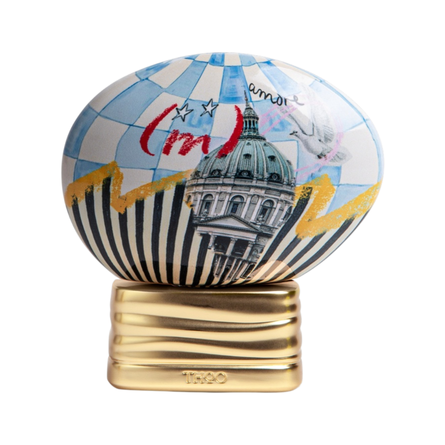 The House of Oud Amore Eau de Parfum 75 ml in ovalem, kunstvoll bemaltem THoO Flakon mit dekorativem Sockel auf weißem Hintergrund.