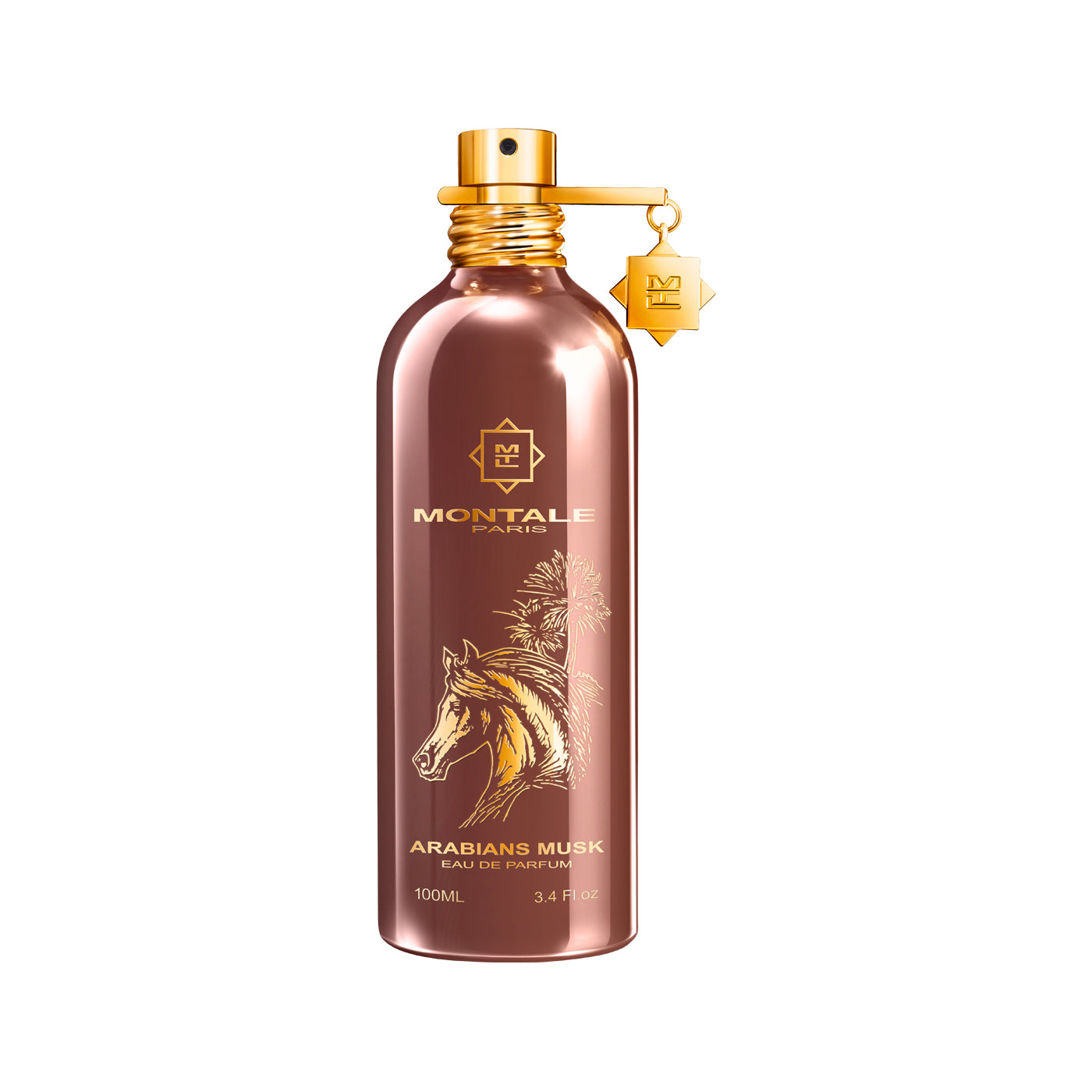 Montale Arabians Musk perfume bottle; sleek metallic design with Arabian horse illustration, reflecting the fragrance's oriental and elegant character on 4D OUTFITTERS. 
