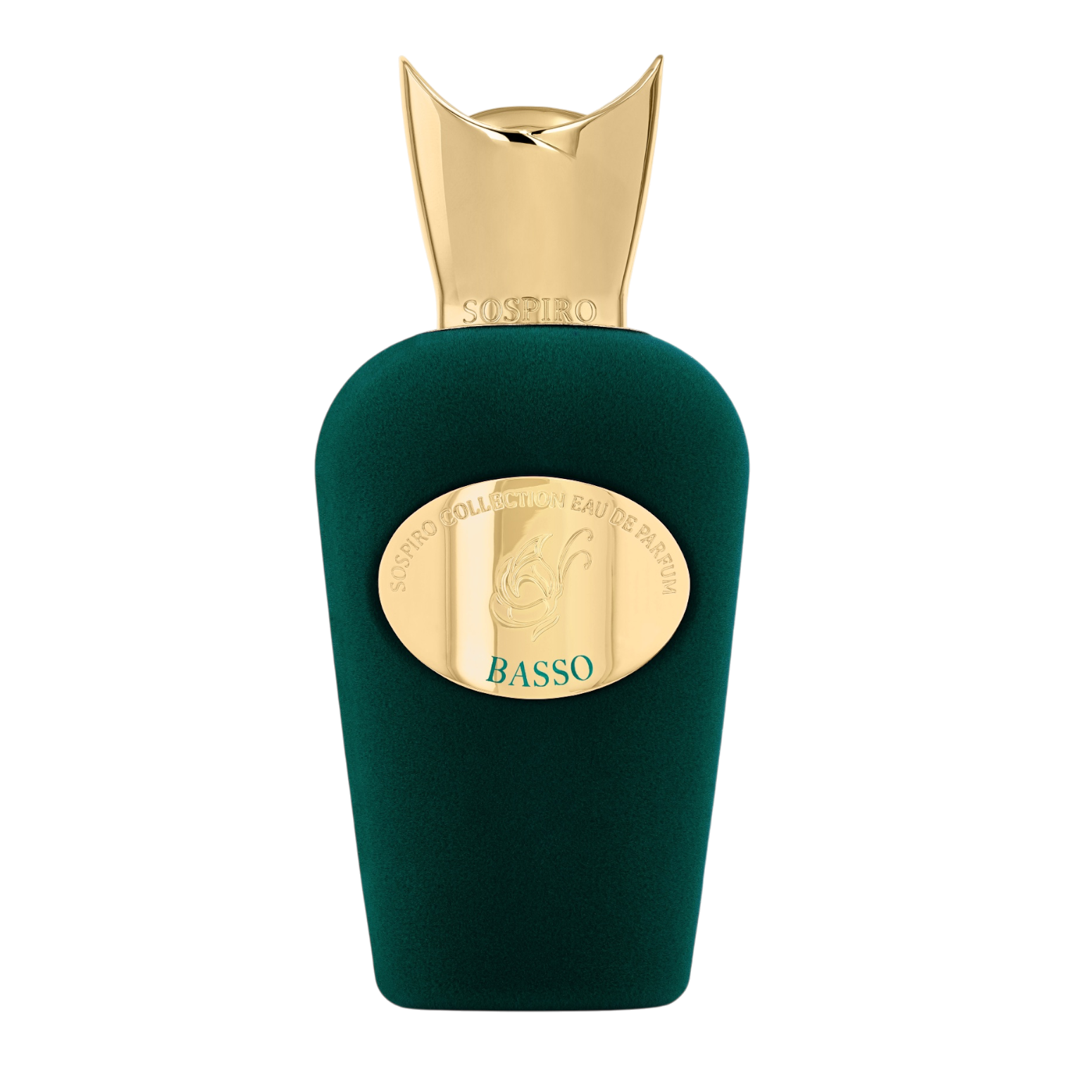 Sospiro Basso Eau de Parfum im dunkelgrünen Samtflakon mit goldfarbenem Verschluss und goldener Plakette.