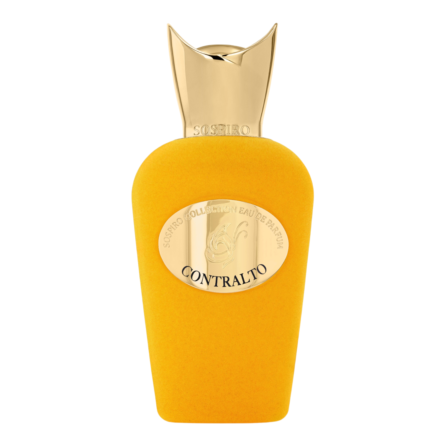 Sospiro Contralto Eau de Parfum im gelben Samtflakon mit goldfarbenem Verschluss und goldener Plakette.