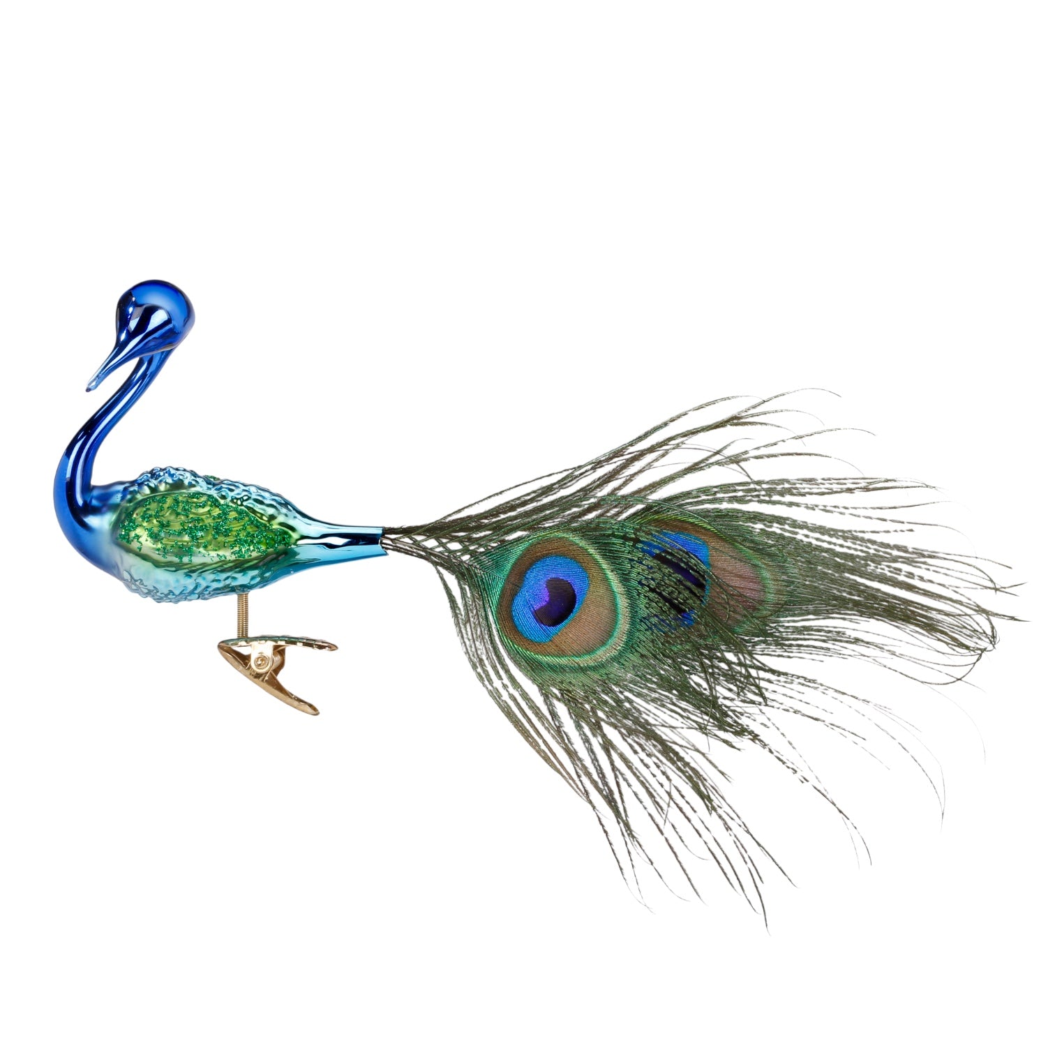 Clip Vogel Bezaubernder Pfau blau grun, 8.5 cm 10160S005 Inge Glas