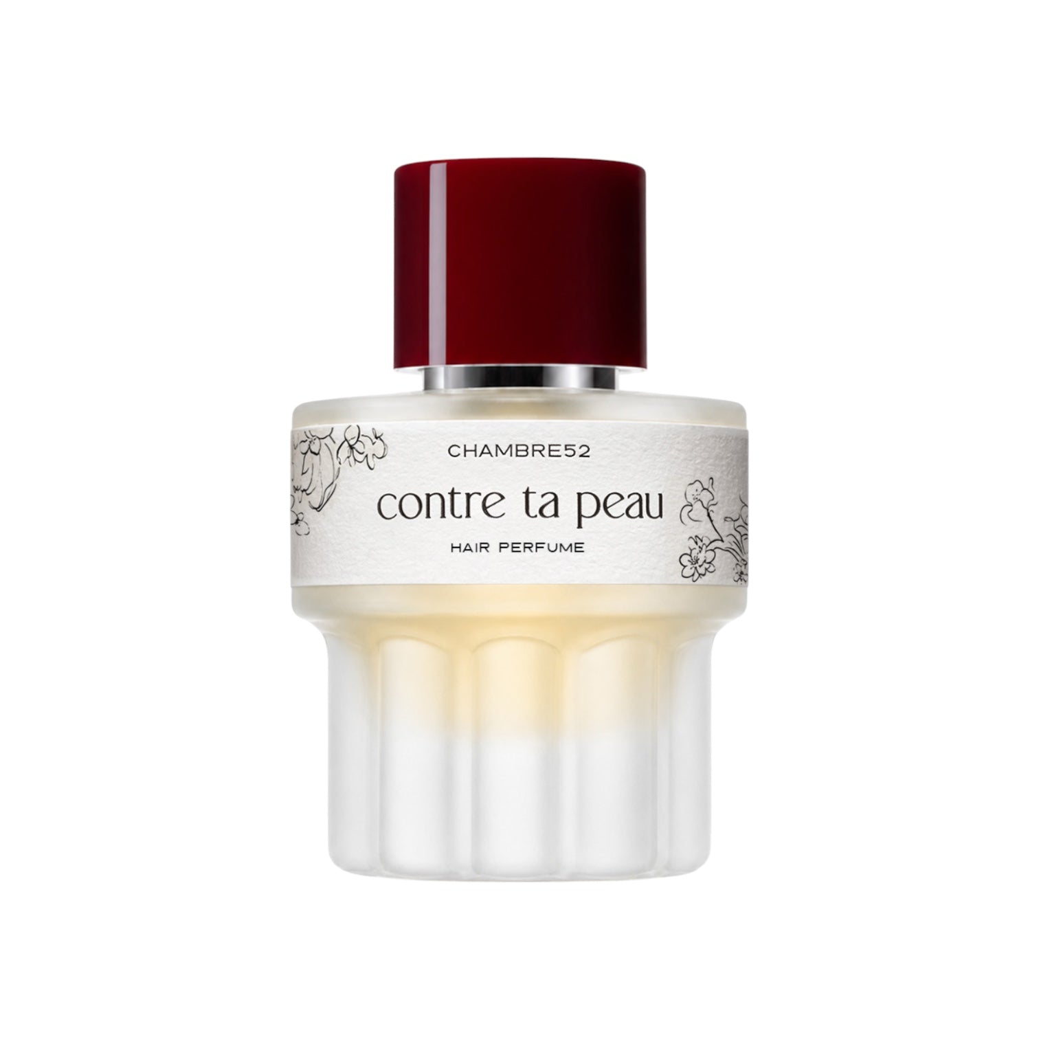 CHAMBRE52 Contre ta Peau Hair Perfume im weißen Flakon mit skulpturalem Sockel, roter Verschlusskappe und dekorativem Etikett.