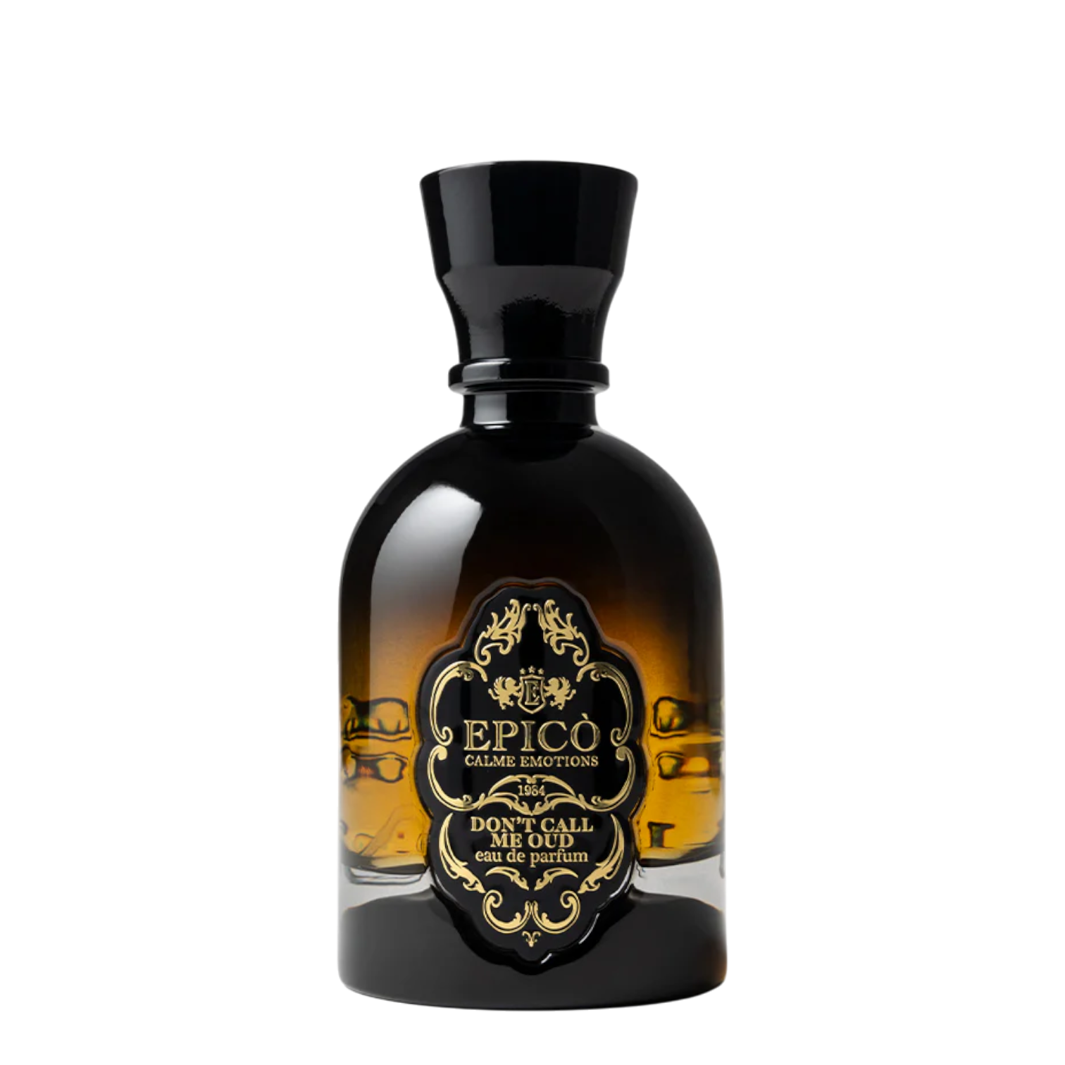 EPICO Parfum Don't Call Me Oud Eau de Parfum im dunkel getönten Glasflakon mit schwarzem Verschluss und gold-schwarzem Vintage-Etikett.
