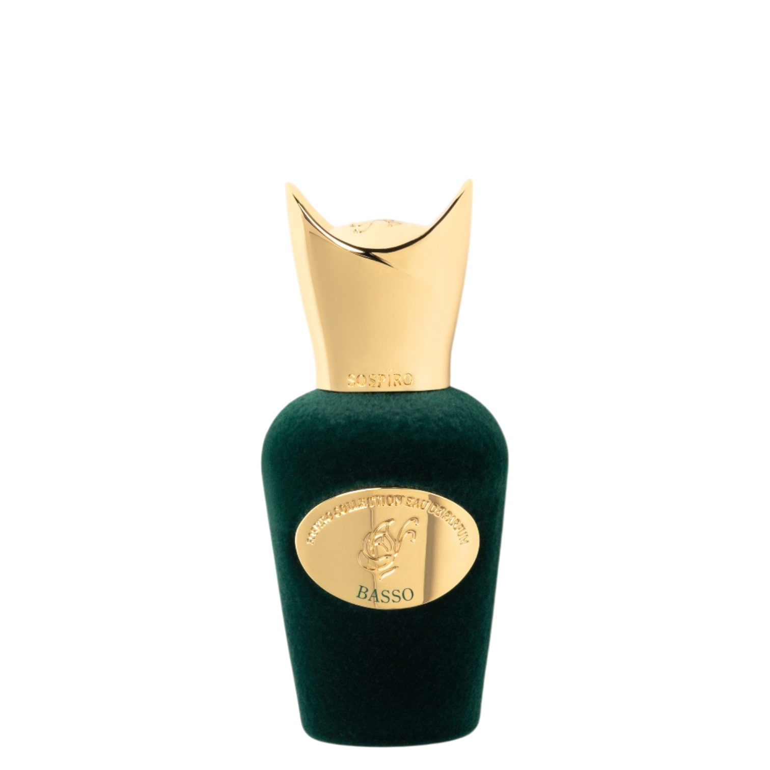 Sospiro Basso 15 ml im dunkelgrünen Samtflakon mit goldfarbenem Verschluss und goldener Plakette.