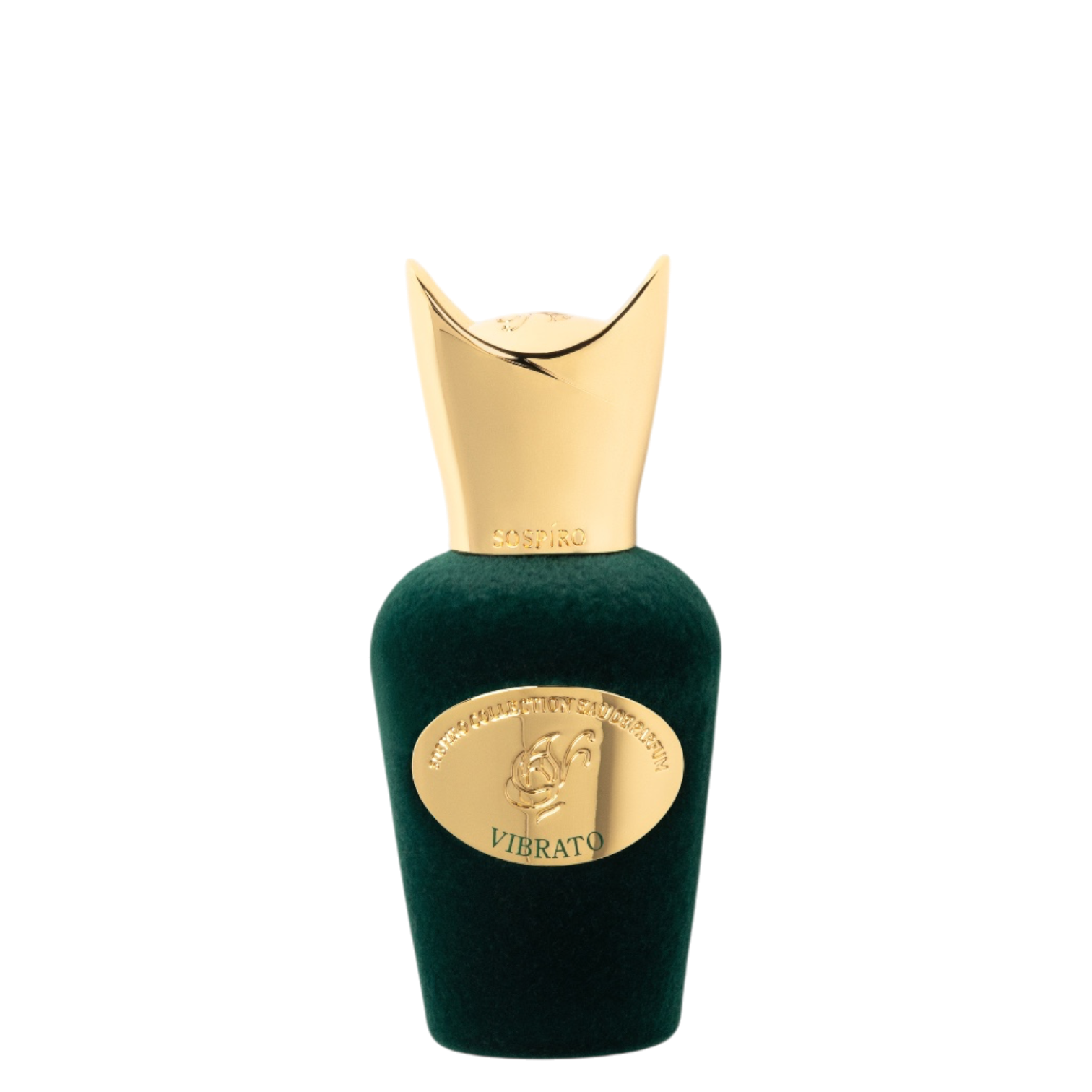 Sospiro Vibrato 15 ml im dunkelgrünen Samtflakon mit goldfarbenem Verschluss und goldener Plakette.