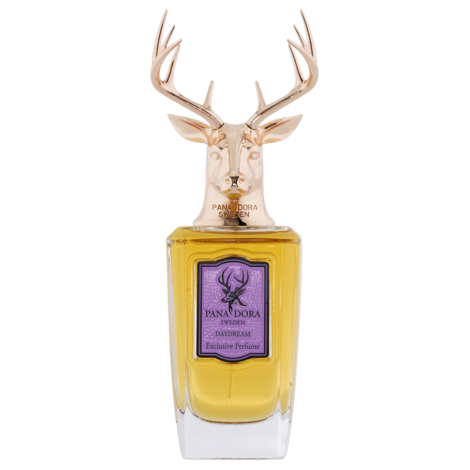 Pana Dora Sweden Daydream Extrait de Parfum im eleganten Glasflakon mit ikonischem goldfarbenem Hirschverschluss und violettem Etikett.