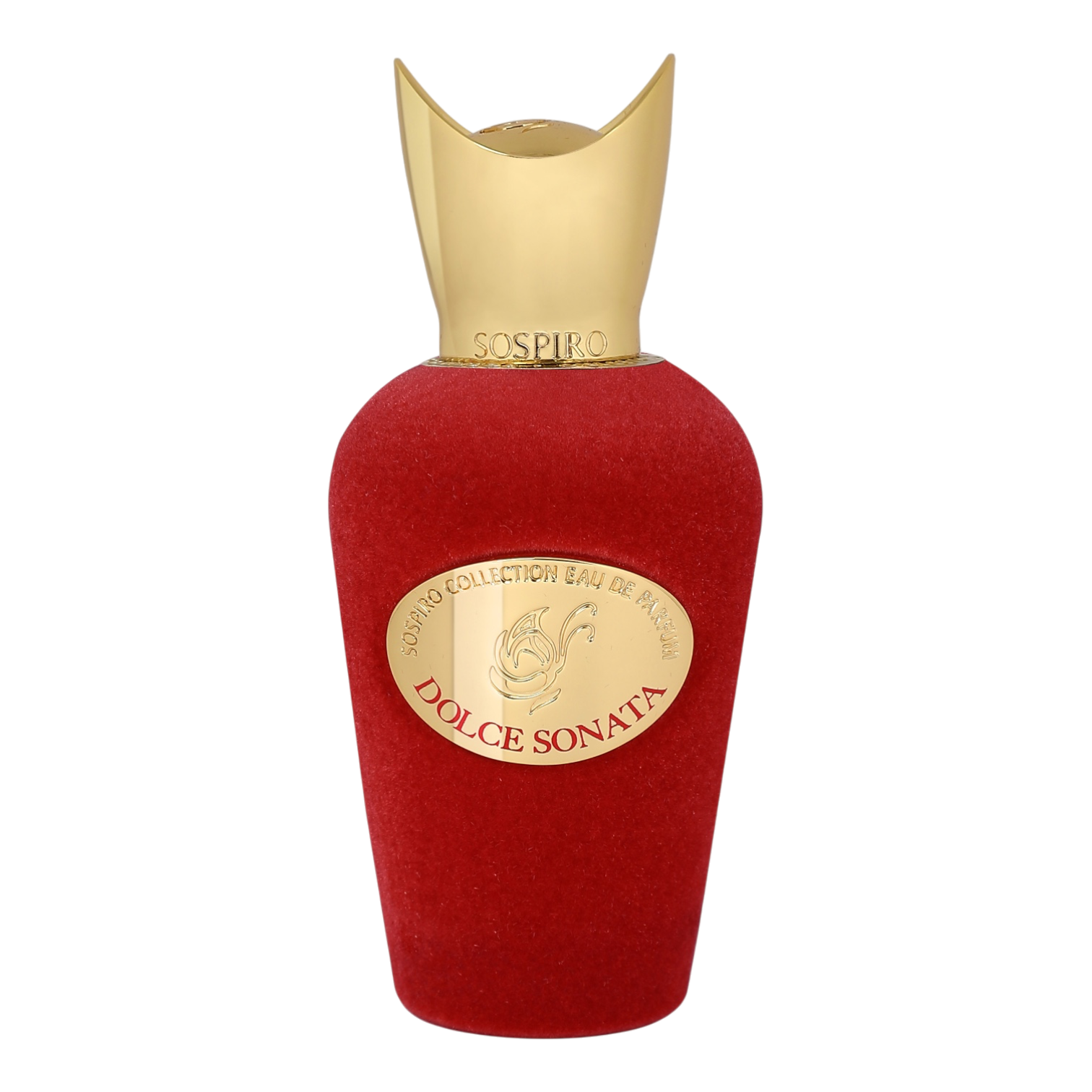 Sospiro Dolce Sonata Eau de Parfum im roten Samtflakon mit goldfarbenem Verschluss und goldener Plakette.