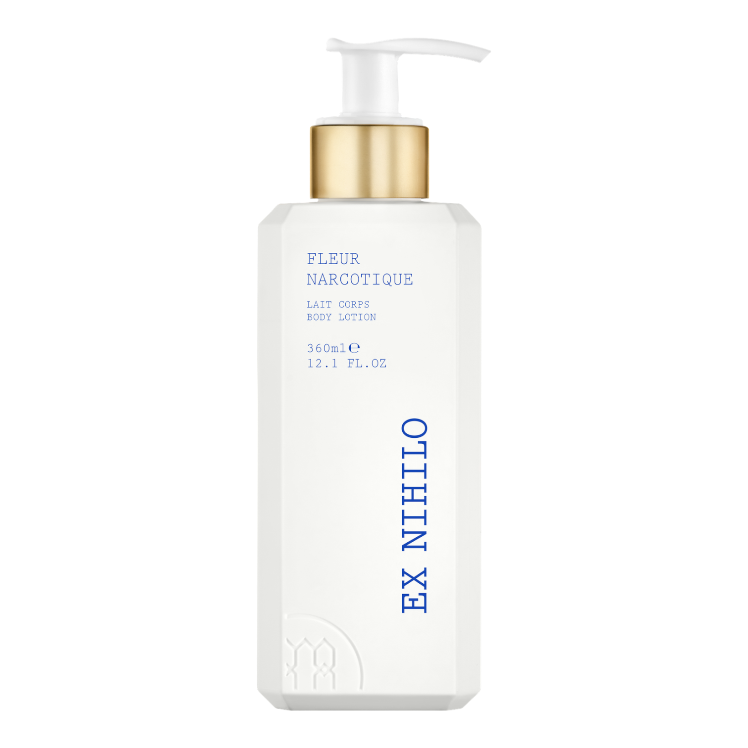 Ex Nihilo Fleur Narcotique Body Lotion in weißer 360-ml-Flasche mit goldfarbenem Pumpspender und blauer Beschriftung.