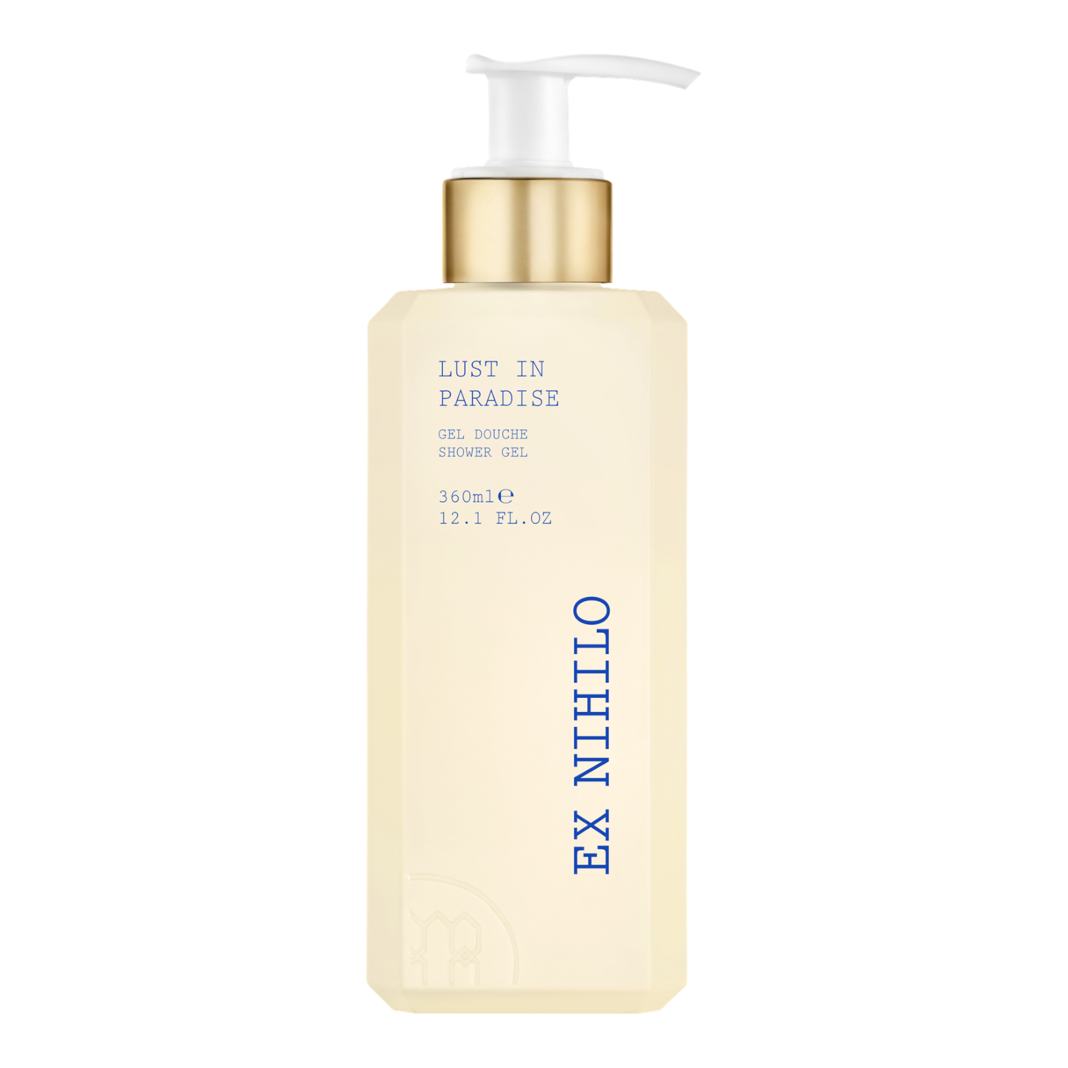 Ex Nihilo Lust in Paradise Shower Gel in cremefarbener 360-ml-Flasche mit goldfarbenem Pumpspender und blauer Beschriftung.
