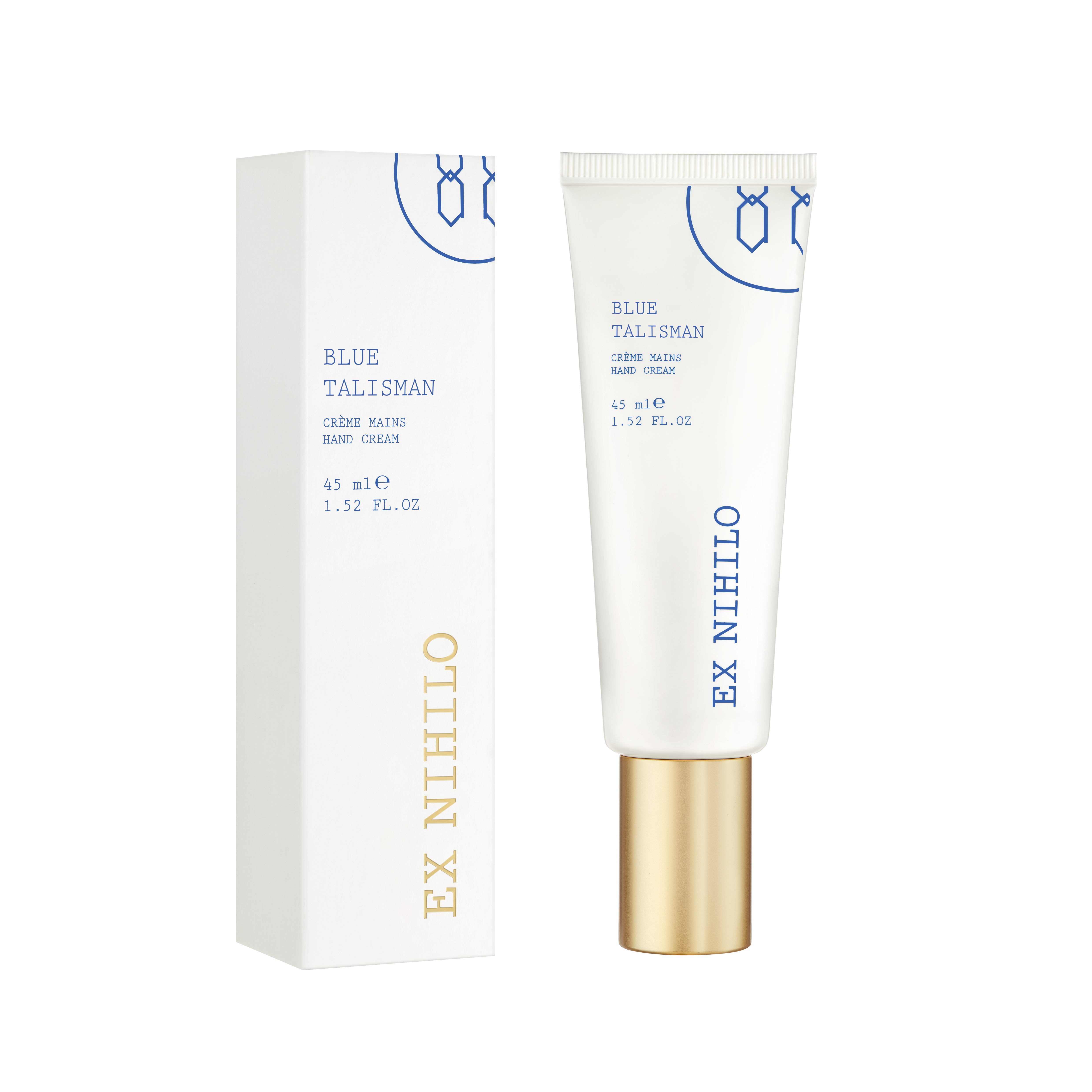 Ex Nihilo Blue Talisman Hand Cream in weißer Tube mit goldfarbenem Verschluss und passender weißer Verpackung mit blauen und goldenen Details.
