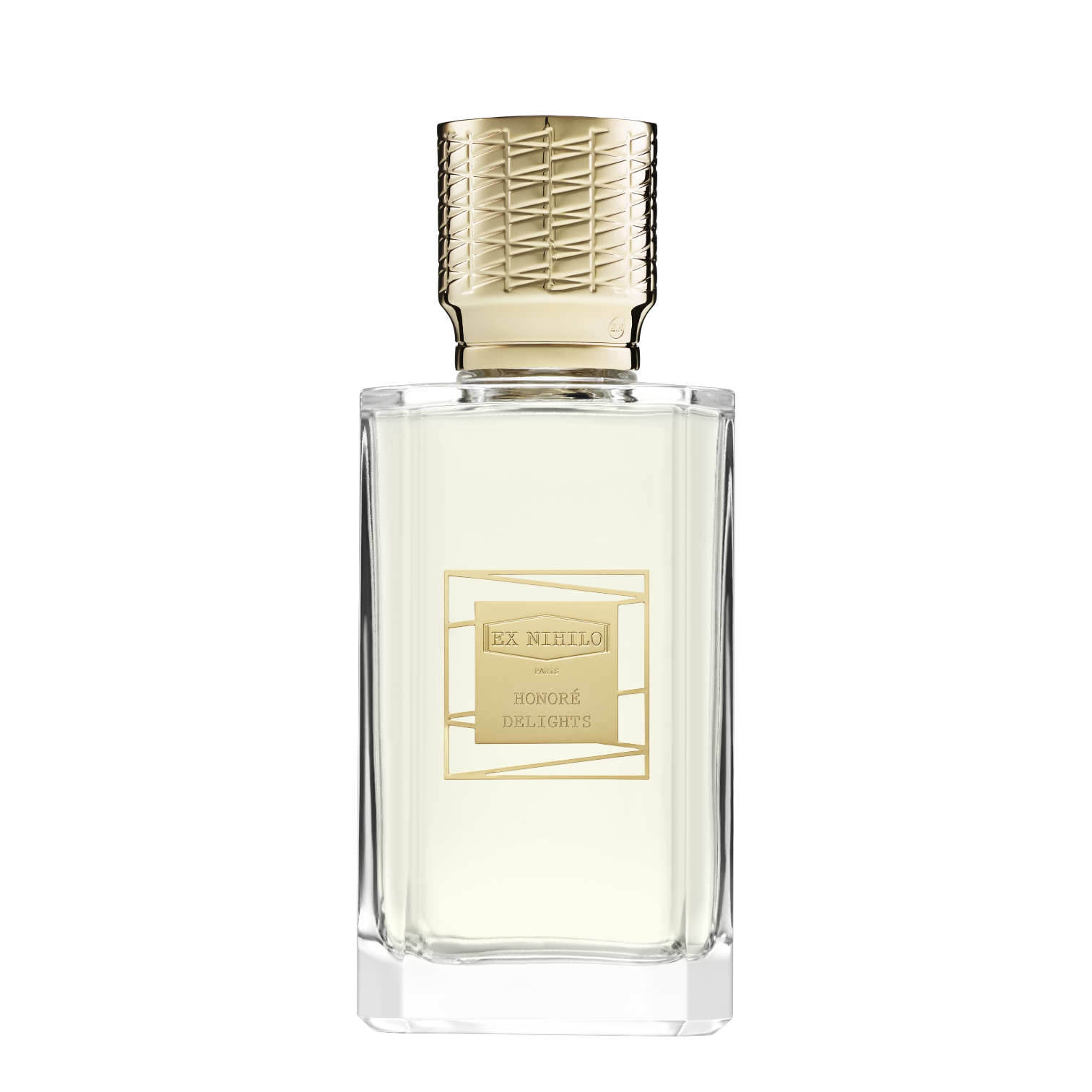 Ex Nihilo Honoré Delights Flakon aus klarem Glas mit cremefarbenem Inhalt, goldfarbenem Etikett und strukturiertem goldfarbenem Verschluss.