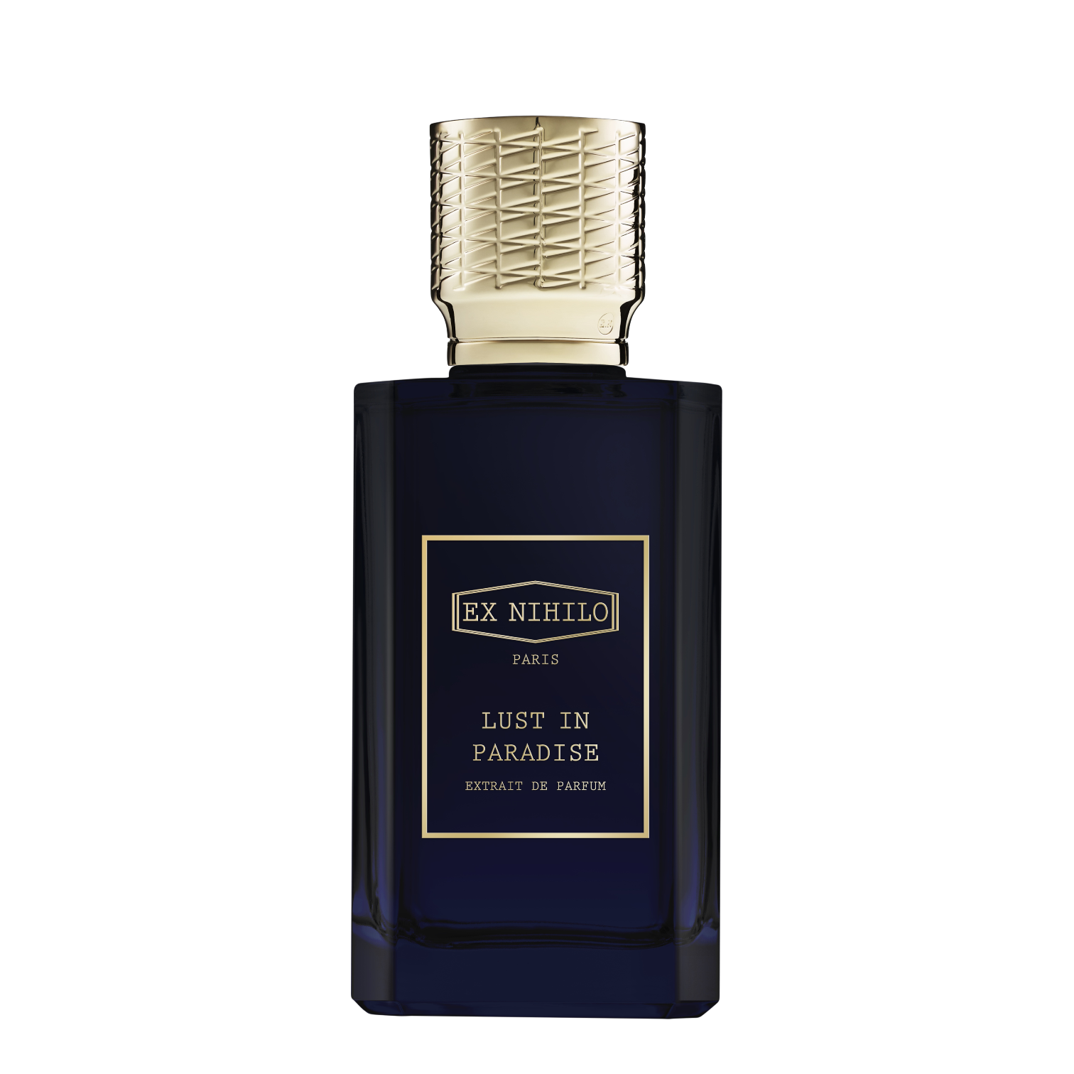 Ex Nihilo Lust in Paradise Extrait Parfumflakon aus blauem Glas mit goldener Beschriftung. Kappe gold.