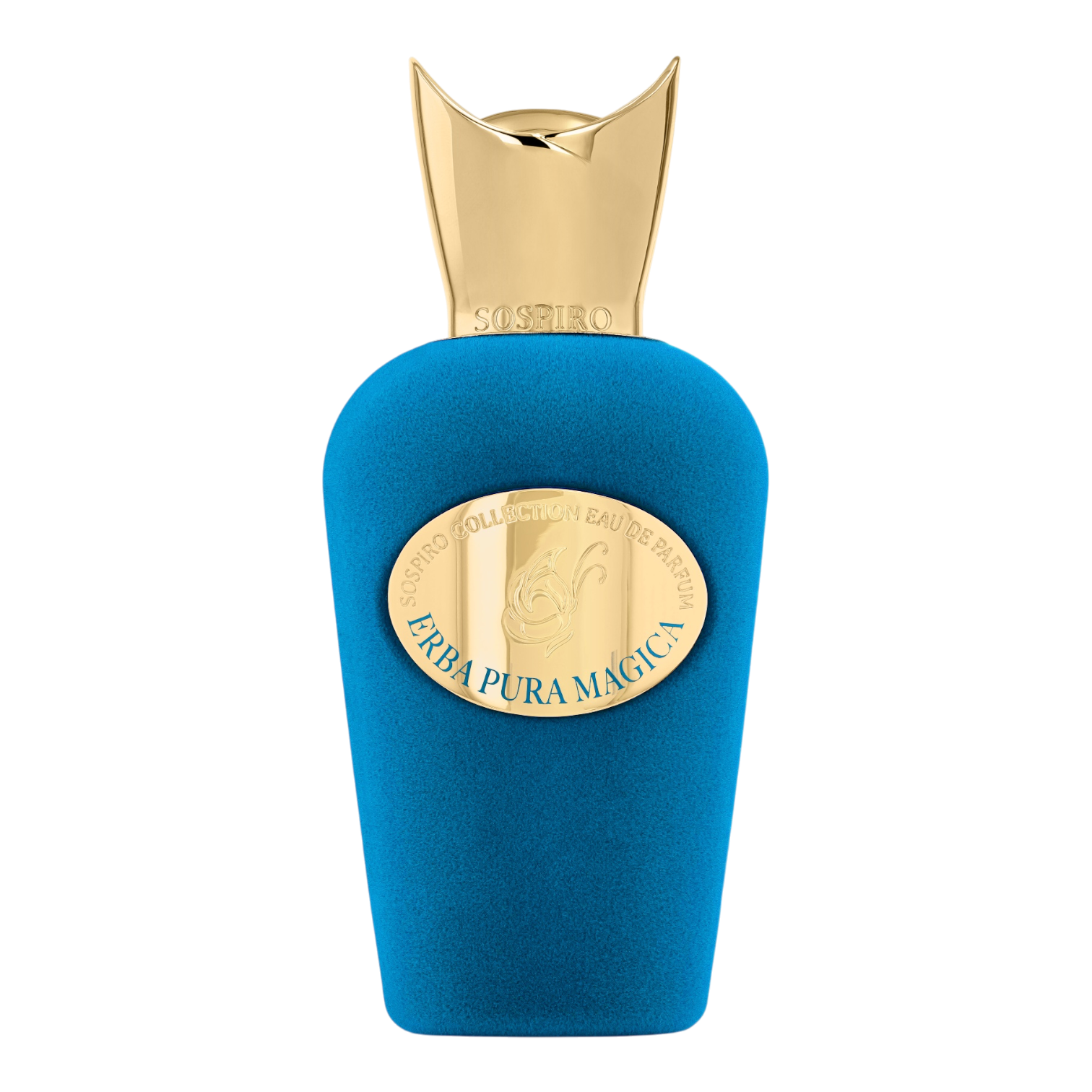 Sospiro Erba Pura Magica Eau de Parfum im türkisfarbenen Samtflakon mit goldfarbenem Verschluss und goldener Plakette.