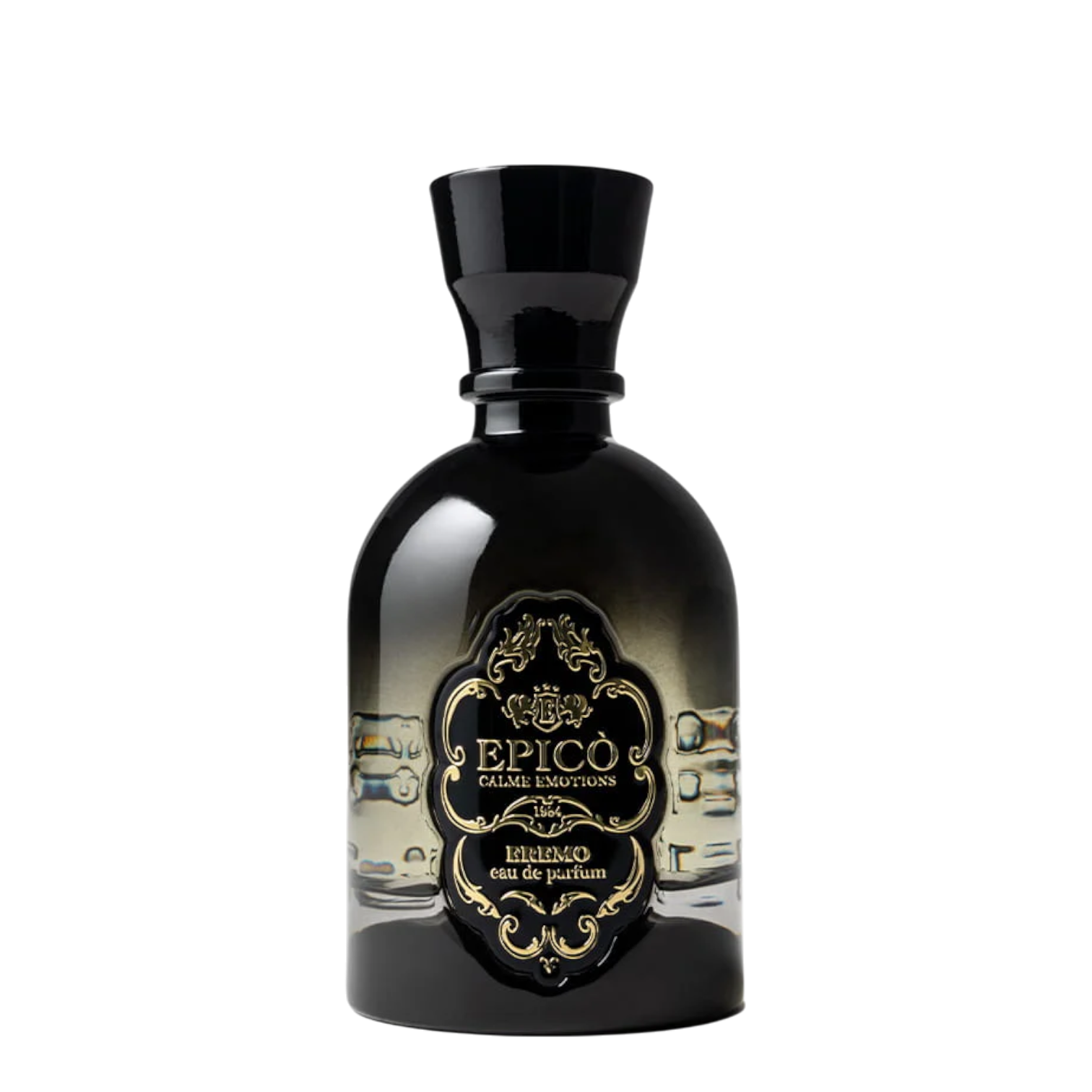 EPICO Parfum Eremo Eau de Parfum im dunkel getönten Designerflakon mit schwarzem Verschluss und gold-schwarzem Vintage-Etikett.