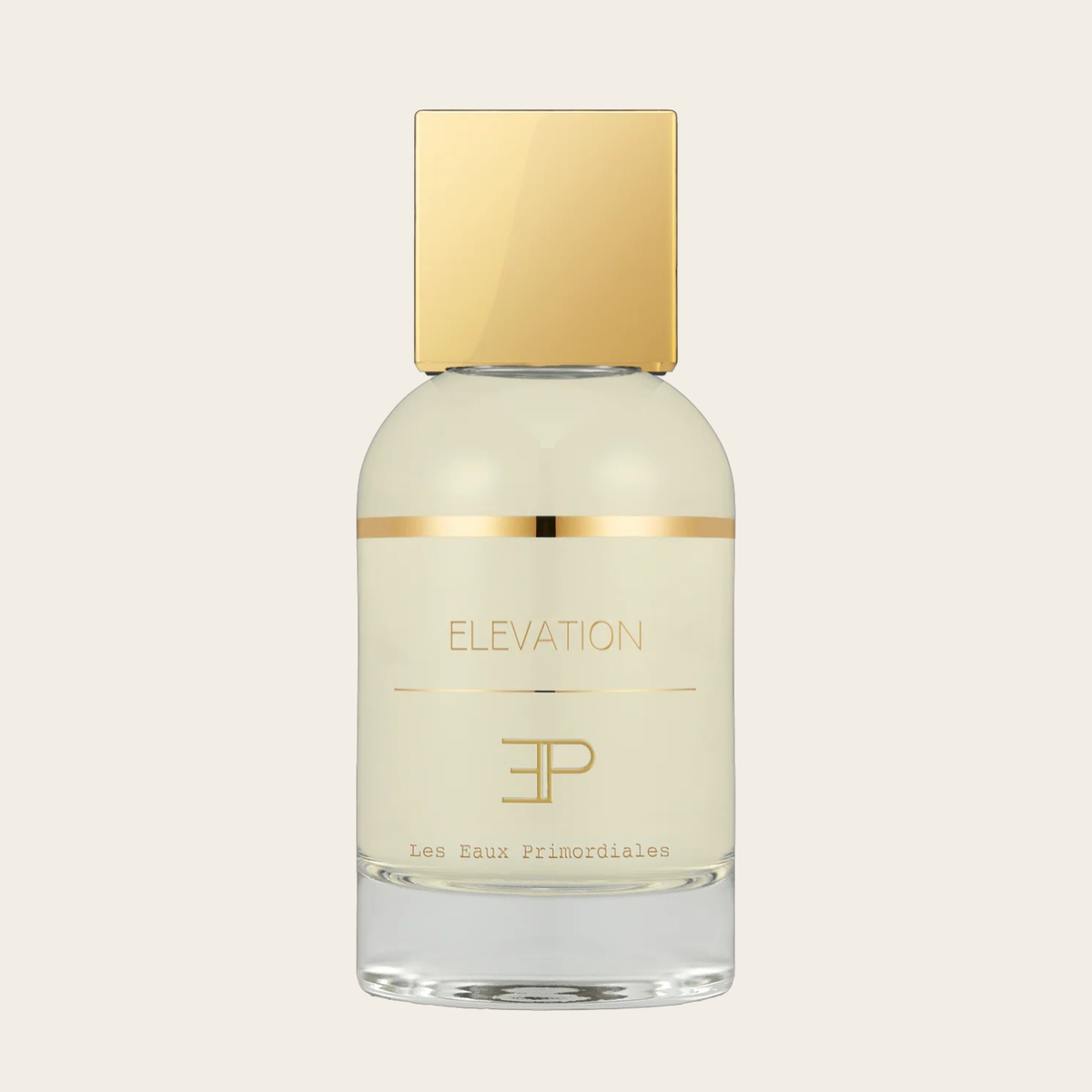 Les Eaux Primordiales Elevation Eau de Parfum 100ml – zylindrischer, zur Kappe leicht verjüngter klarer Glasflakon mit Goldfolien-Print, glänzender quadratischer Goldkappe, breitem transparentem Glasboden und mild gelb getöntem Duft.