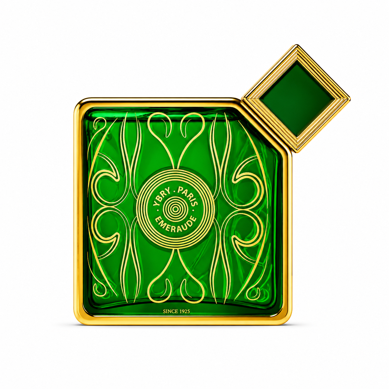 Grüner Flakon von Ybry Emeraude Eau de Parfum mit goldfarbenem geometrischem Verschluss und luxuriösen Art-Déco-Details.
