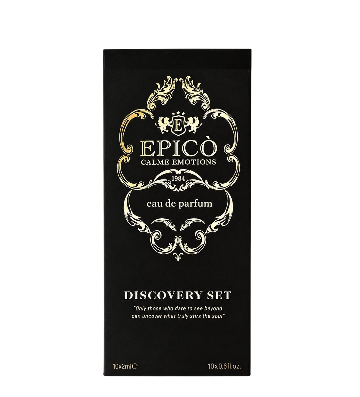 EPICO Parfum Discovery Set mit zehn Eau-de-Parfum-Sprays à 2 ml in einer luxuriösen schwarzen Geschenkbox.