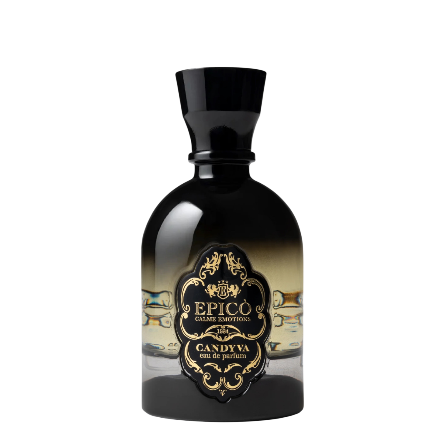 EPICO Parfum Candyva Eau de Parfum im ikonischen dunkel getönten Designerflakon mit schwarzem Verschluss und gold-schwarzem Vintage-Etikett.