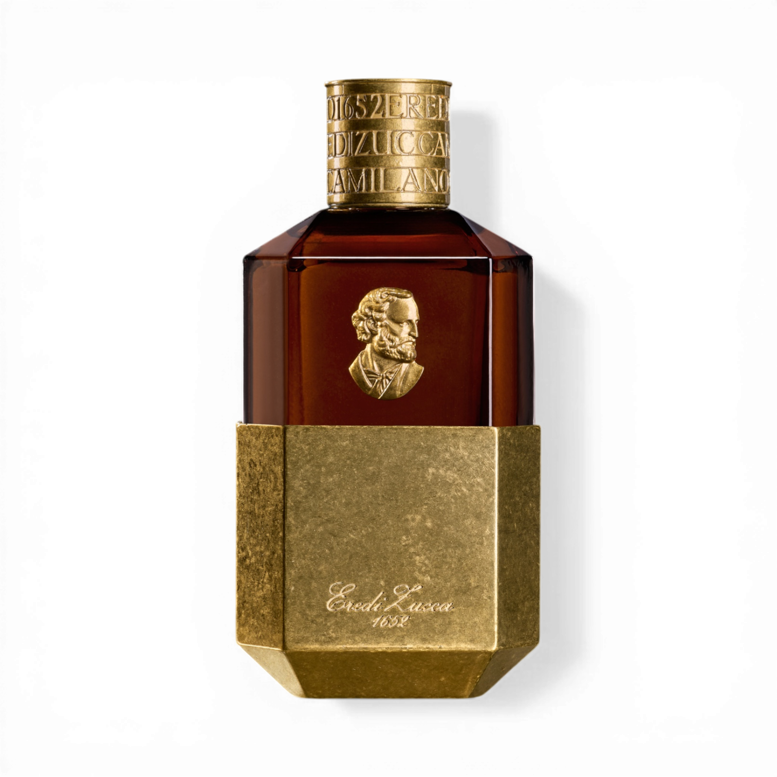 Eredi Zucca Cuoio Eau de Parfum in bernsteinbraunem Glasflakon mit goldfarbener Metallbasis, reliefartigem Medaillon und graviertem goldfarbenem Verschluss.