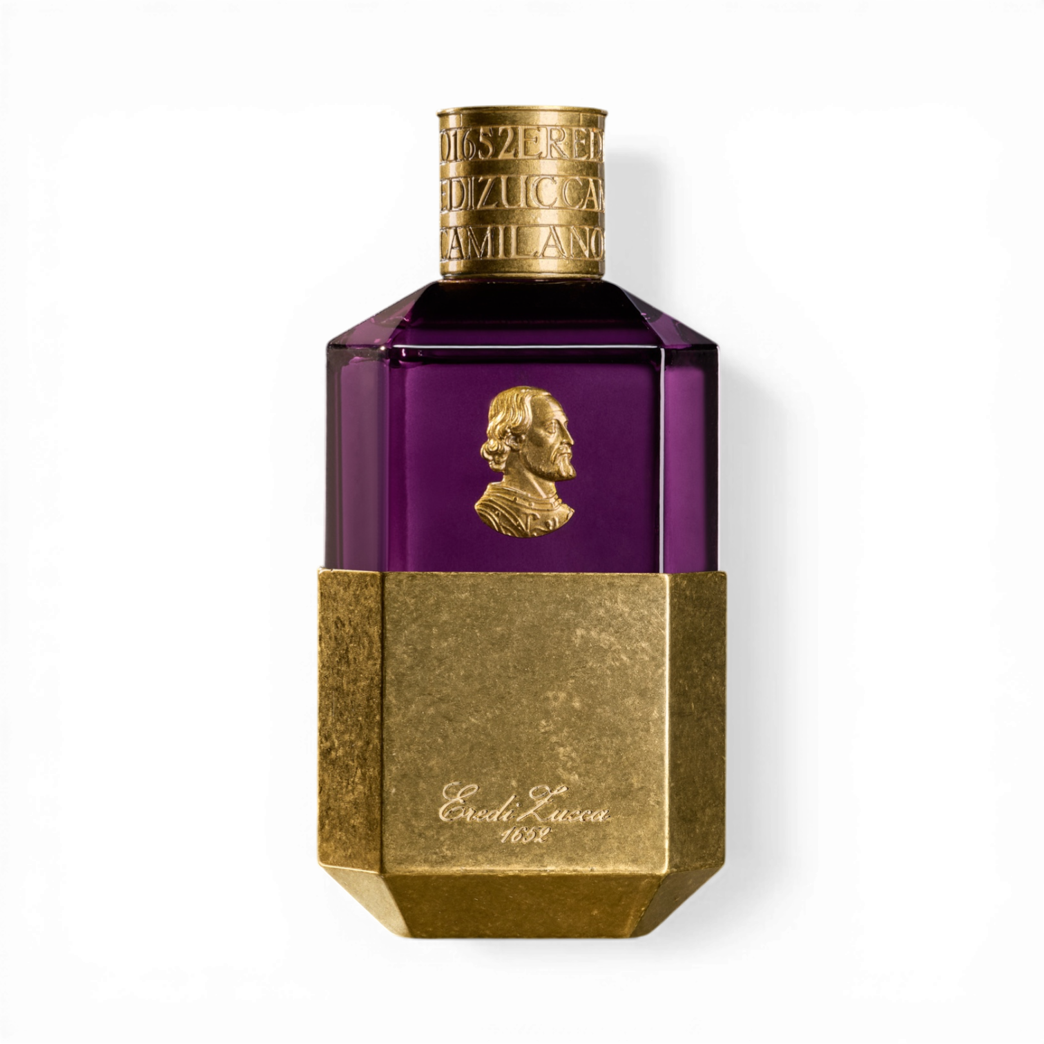 Eredi Zucca Duomo Eau de Parfum in violettem Glasflakon mit goldfarbener Metallbasis, reliefartigem Medaillon und graviertem goldfarbenem Verschluss.