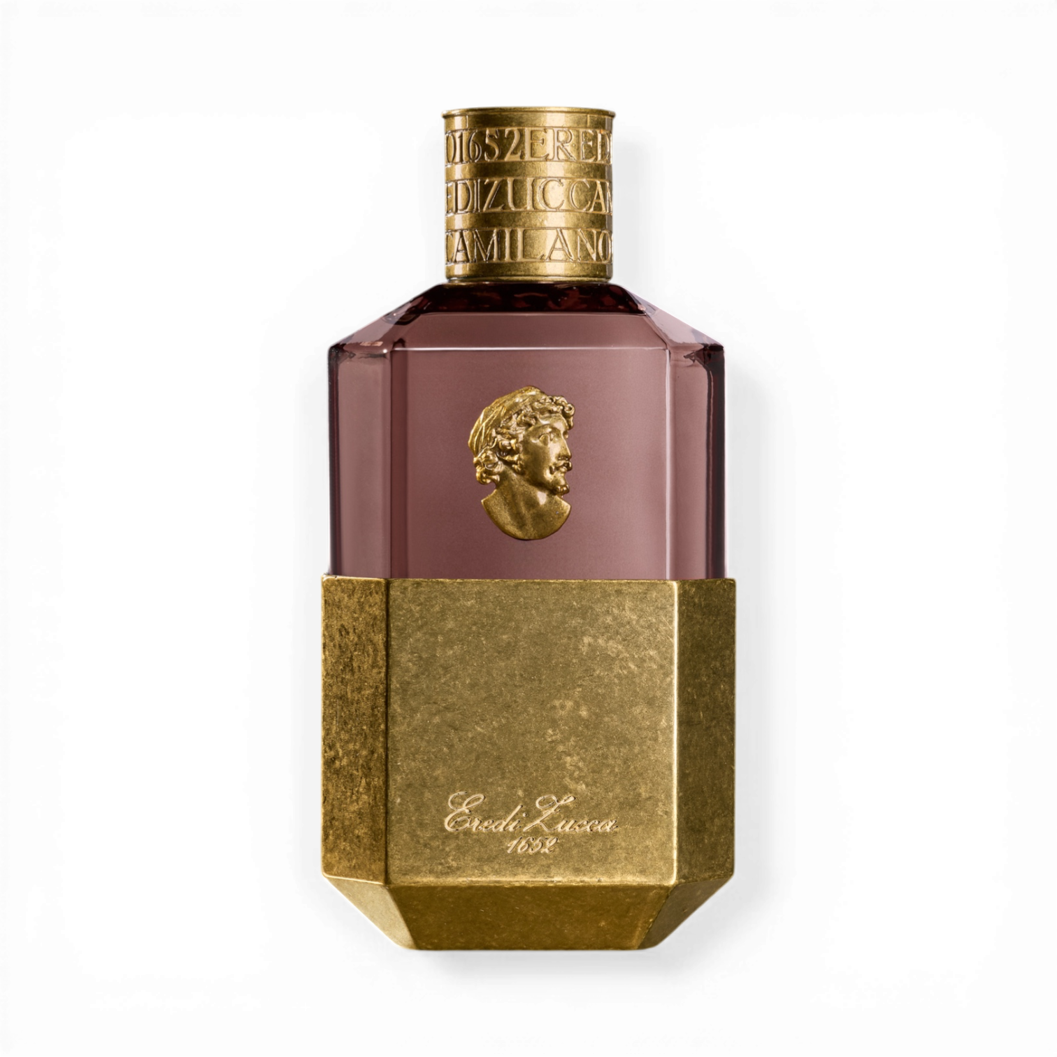 Eredi Zucca Narciso Eau de Parfum in mauvebraunem Glasflakon mit goldfarbener Metallbasis, reliefartigem Medaillon und graviertem goldfarbenem Verschluss.