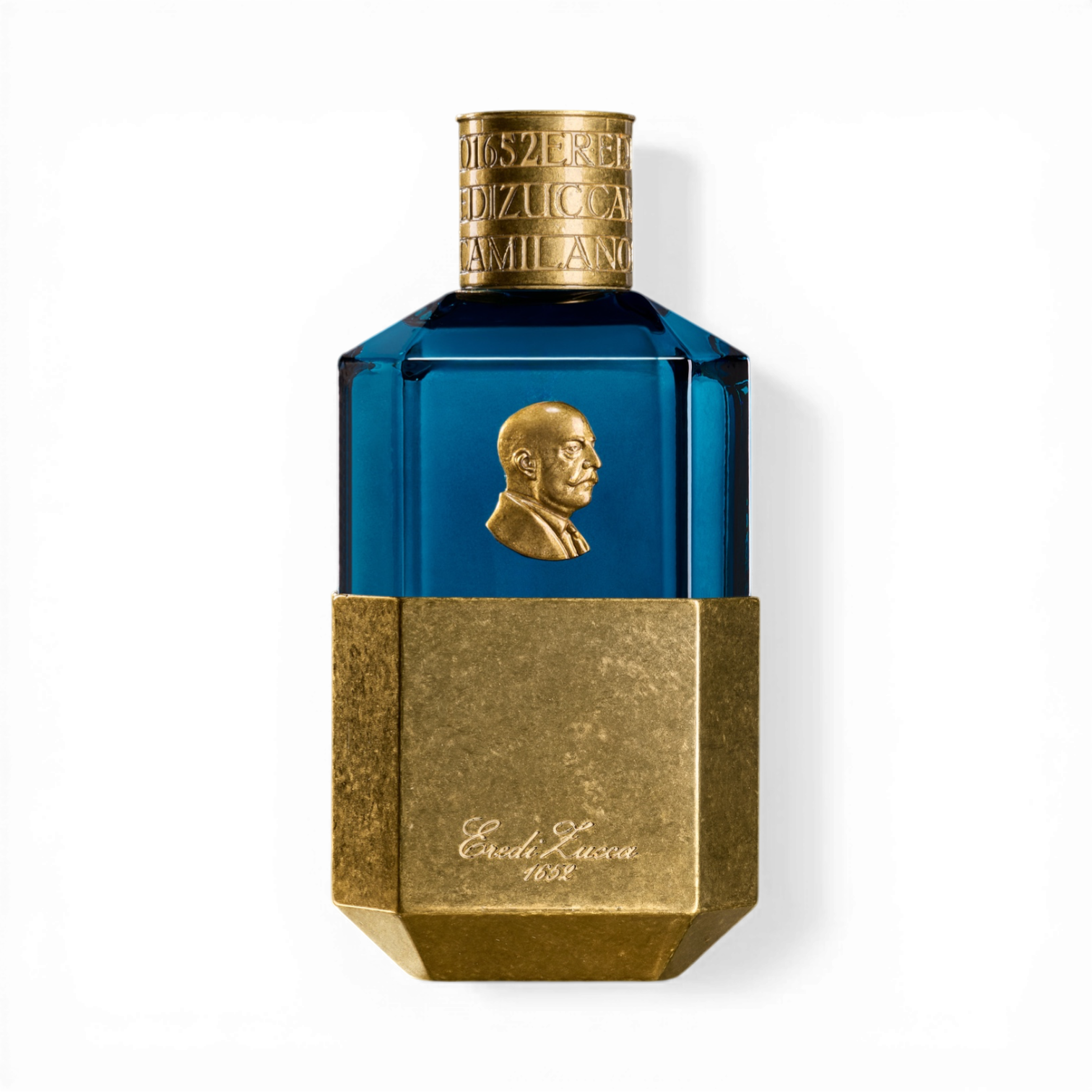 Eredi Zucca Novecento Eau de Parfum in leuchtend blauem Glasflakon mit goldfarbener Metallbasis, reliefartigem Medaillon und graviertem goldfarbenem Verschluss.