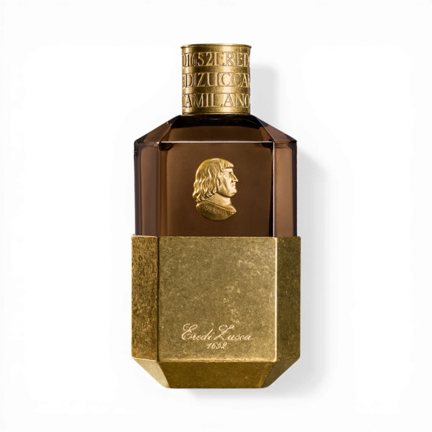 Eredi Zucca Tabacco Eau de Parfum in braunem Glasflakon mit goldfarbener Metallbasis, reliefartigem Medaillon und graviertem goldfarbenem Verschluss.