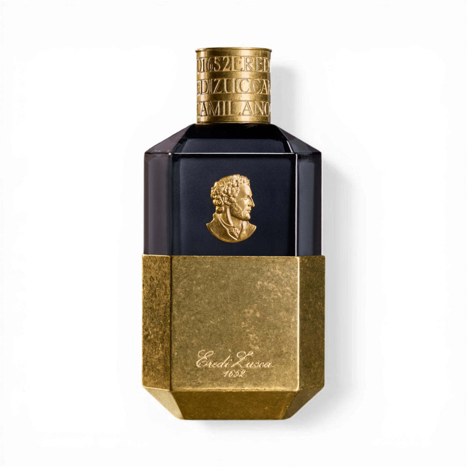 Eredi Zucca Veritas Eau de Parfum in dunkelblauem Glasflakon mit goldfarbener Metallbasis, reliefartigem Medaillon und graviertem goldfarbenem Verschluss.