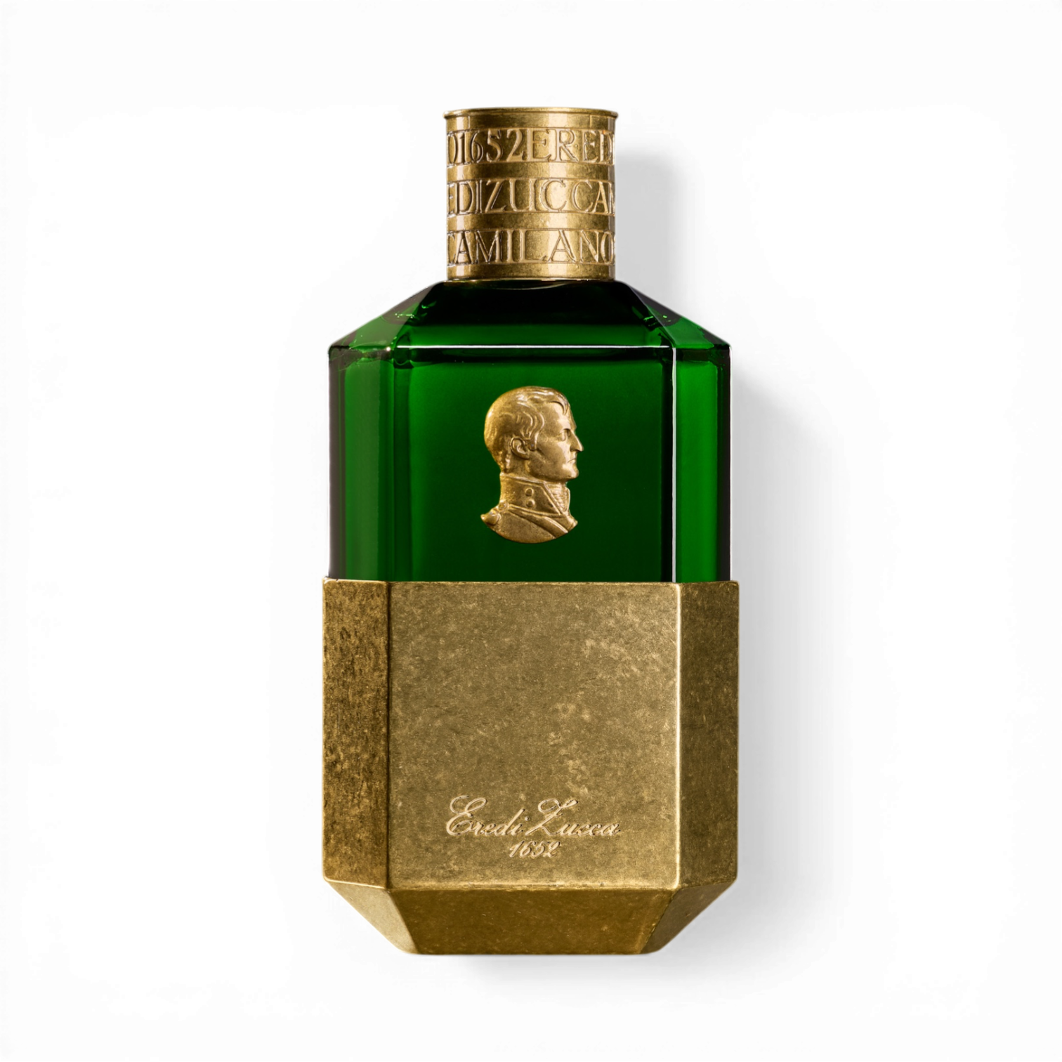 Eredi Zucca Vetivero Eau de Parfum in grünem Glasflakon mit goldfarbener Metallbasis, reliefartigem Medaillon und graviertem goldfarbenem Verschluss.
