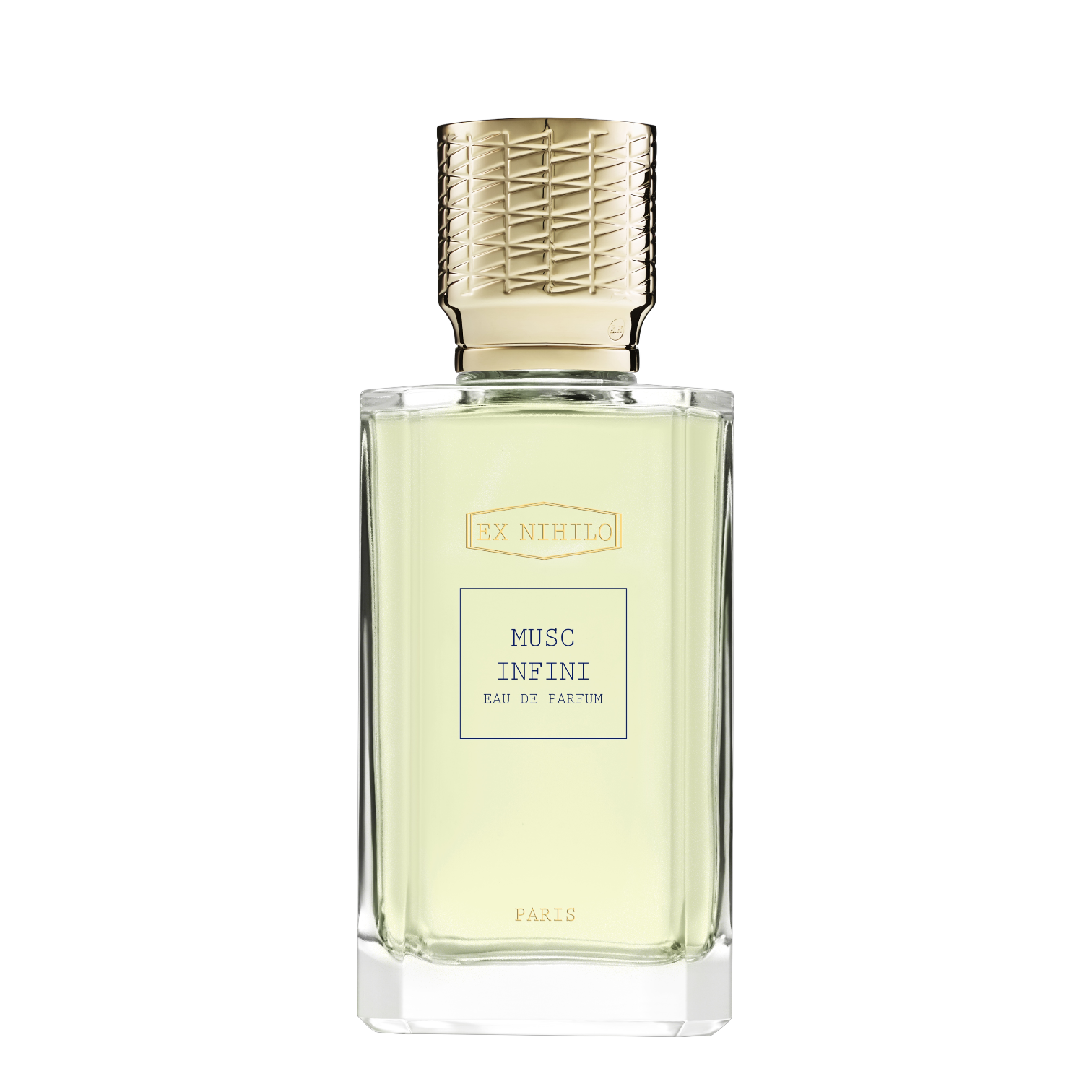 Ex Nihilo Musc Infini Eau de Parfum im transparenten Glasflakon mit cremefarbenem Duft, goldfarbenem Verschluss und minimalistischer Luxusoptik.