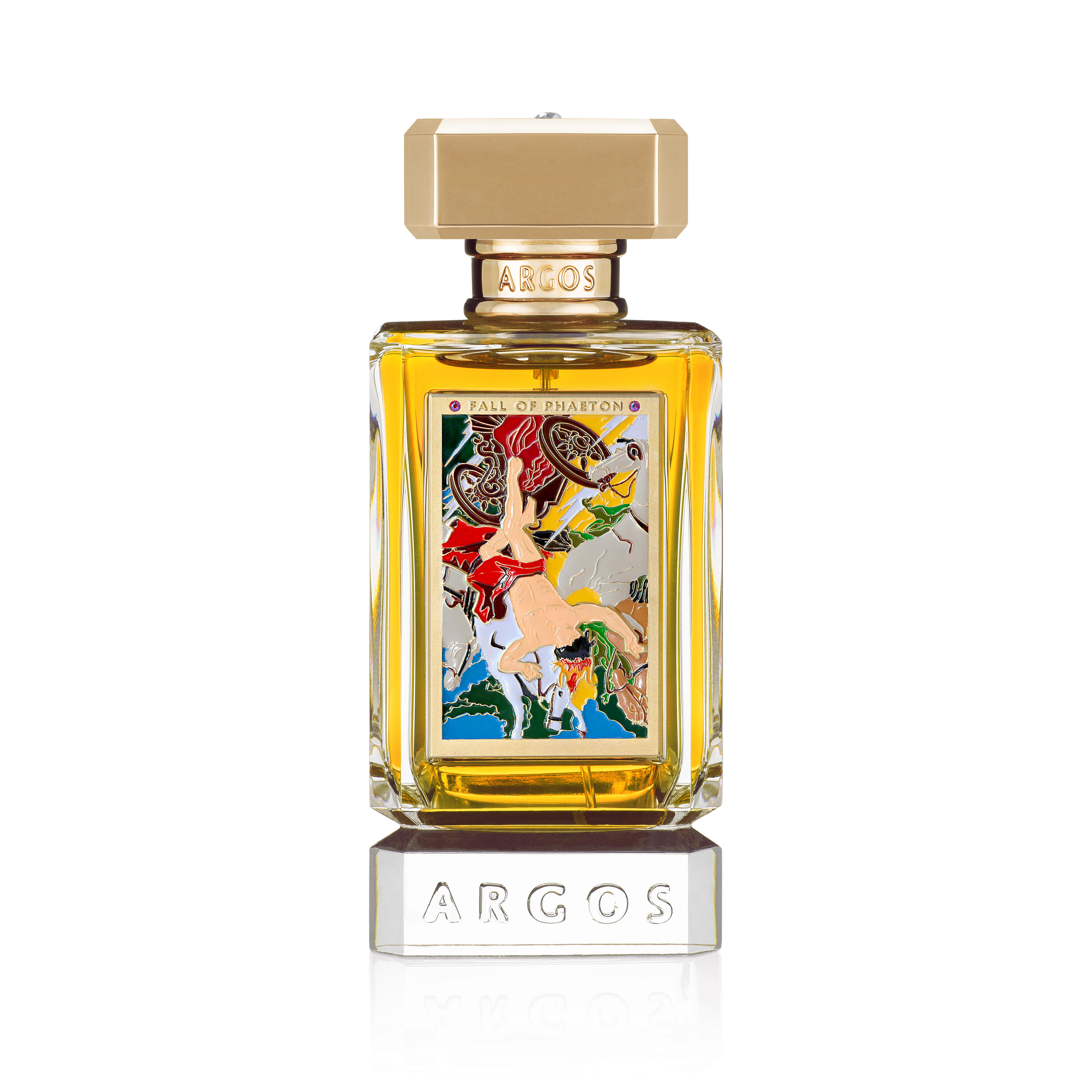 ARGOS Fall of Phaeton Eau de Parfum in klarem, facettiertem Glasflakon mit goldfarbenem Verschluss, warmgoldenem Duftsaft und kunstvoller Frontplakette mit mythologischer Phaeton-Szene.