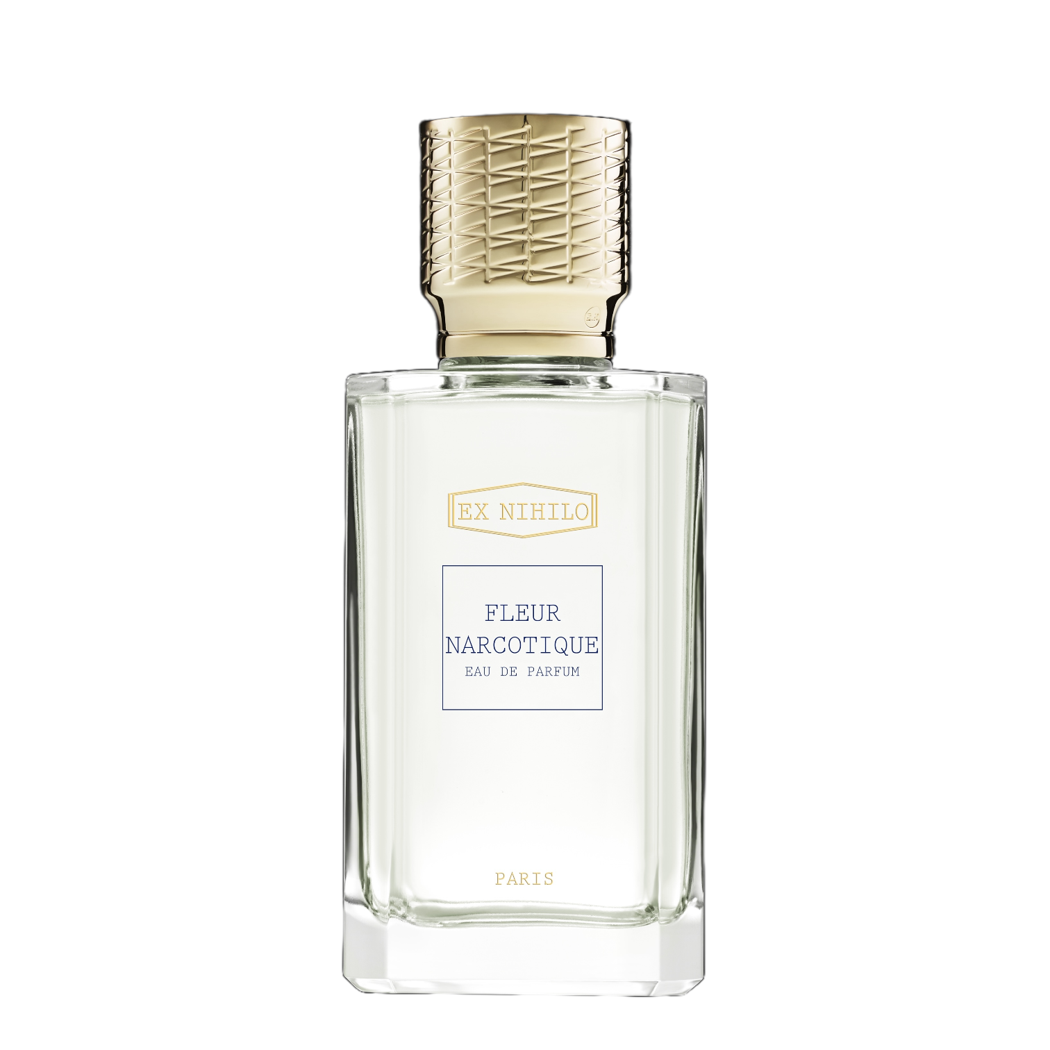 Flakon von Ex Nihilo Fleur Narcotique – einfaches klares Design, floraler Unisex‑Duft. Deckel Gold