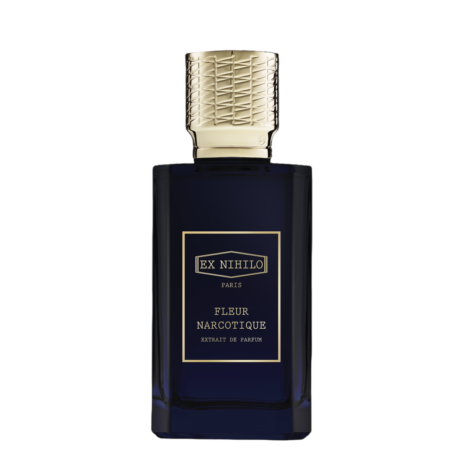 Flakon Ex Nihilo Fleur Narcotique Extrait – intensiver floraler Duft mit Lychee. Flakon dunkelblau. Deckel Gold.
