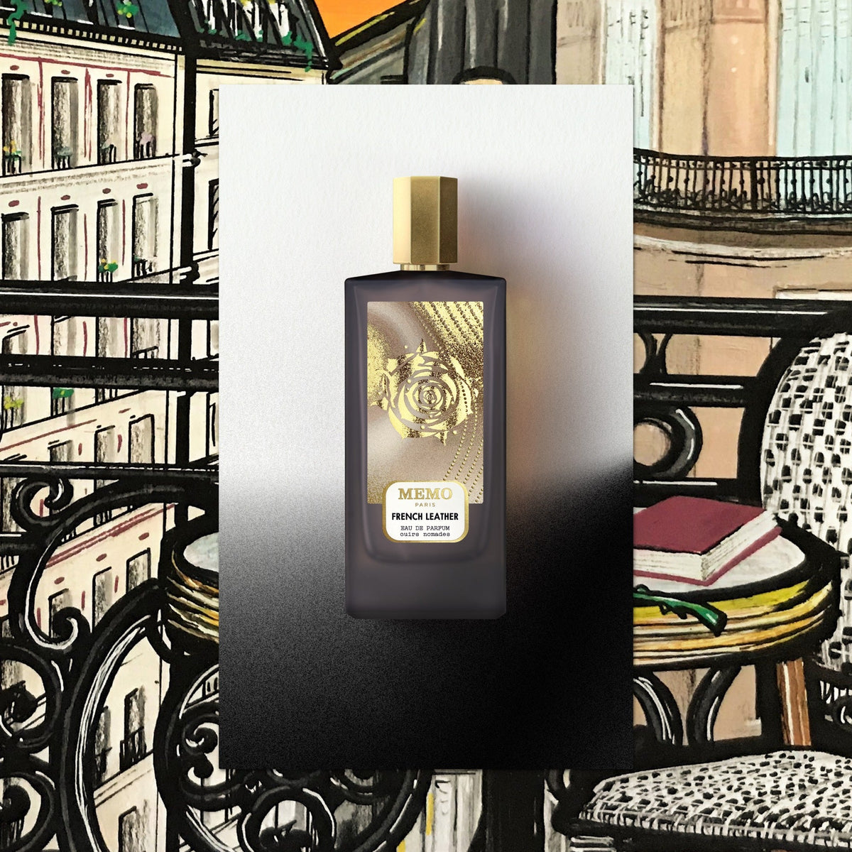 French Leather von Memo Paris – Flakon vor dem Künstlermotiv
