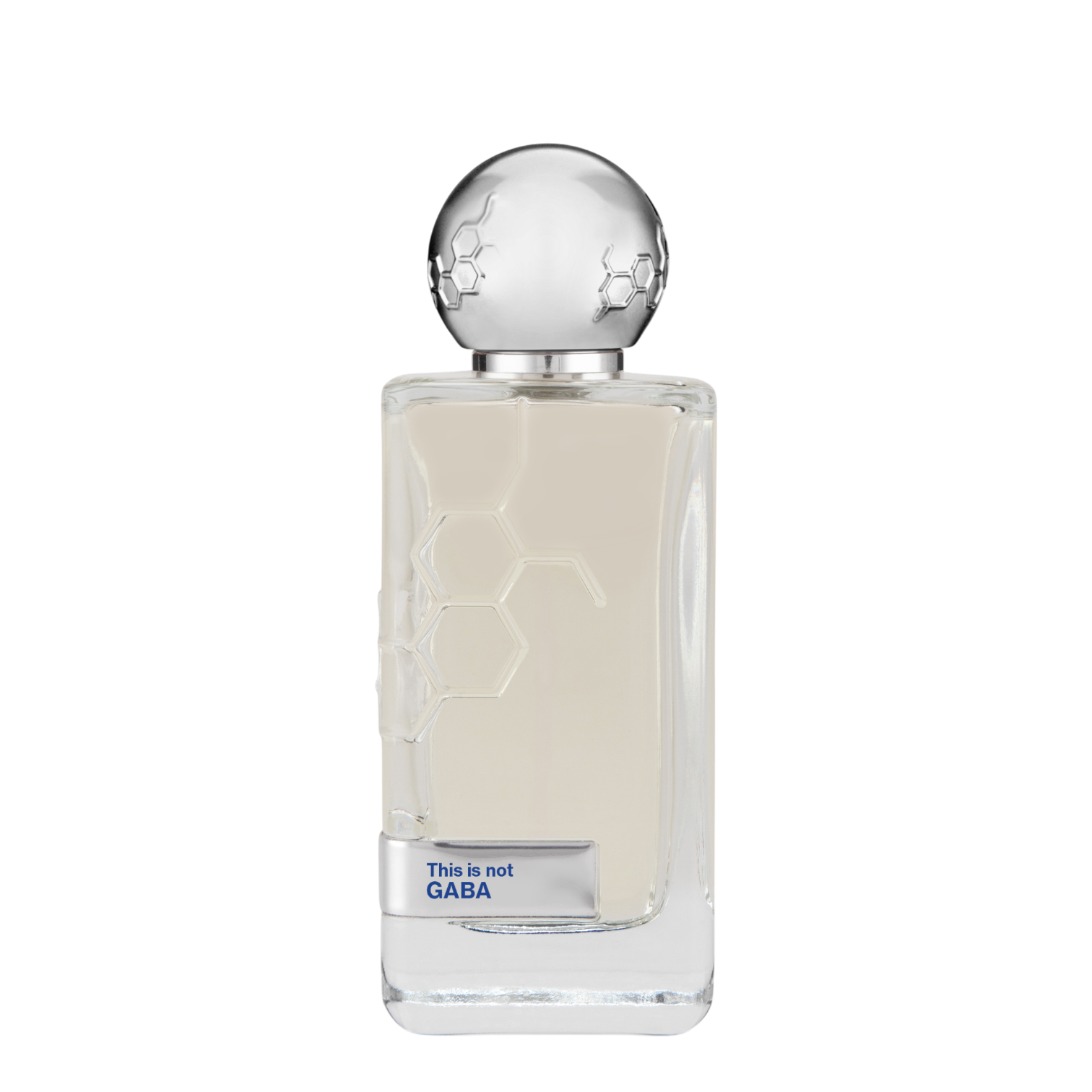 Hormone Paris This is Not GABA Parfum 100 ml Flakon mit hellgelbem Duft, transparenter Glasflasche, silberner Kugelkappe mit Molekül-Design und grauem Etikett mit blauer Schrift auf weißem Hintergrund.